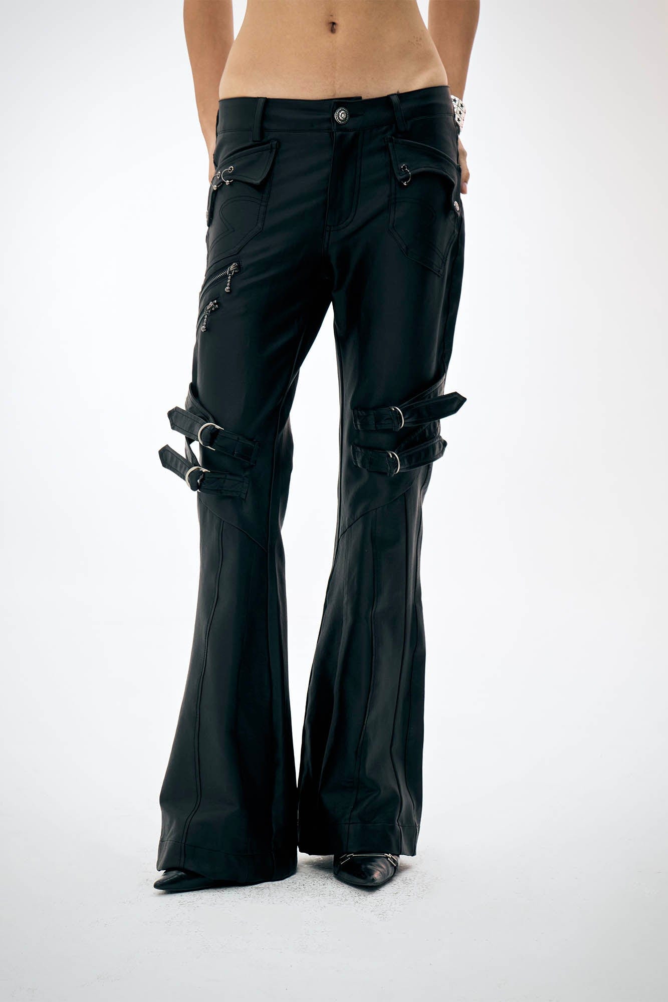 DND4DES×Faychui Waxed Strapped Flared Pants, premium urban and streetwear designers apparel on PROJECTISR.com, DND4DES