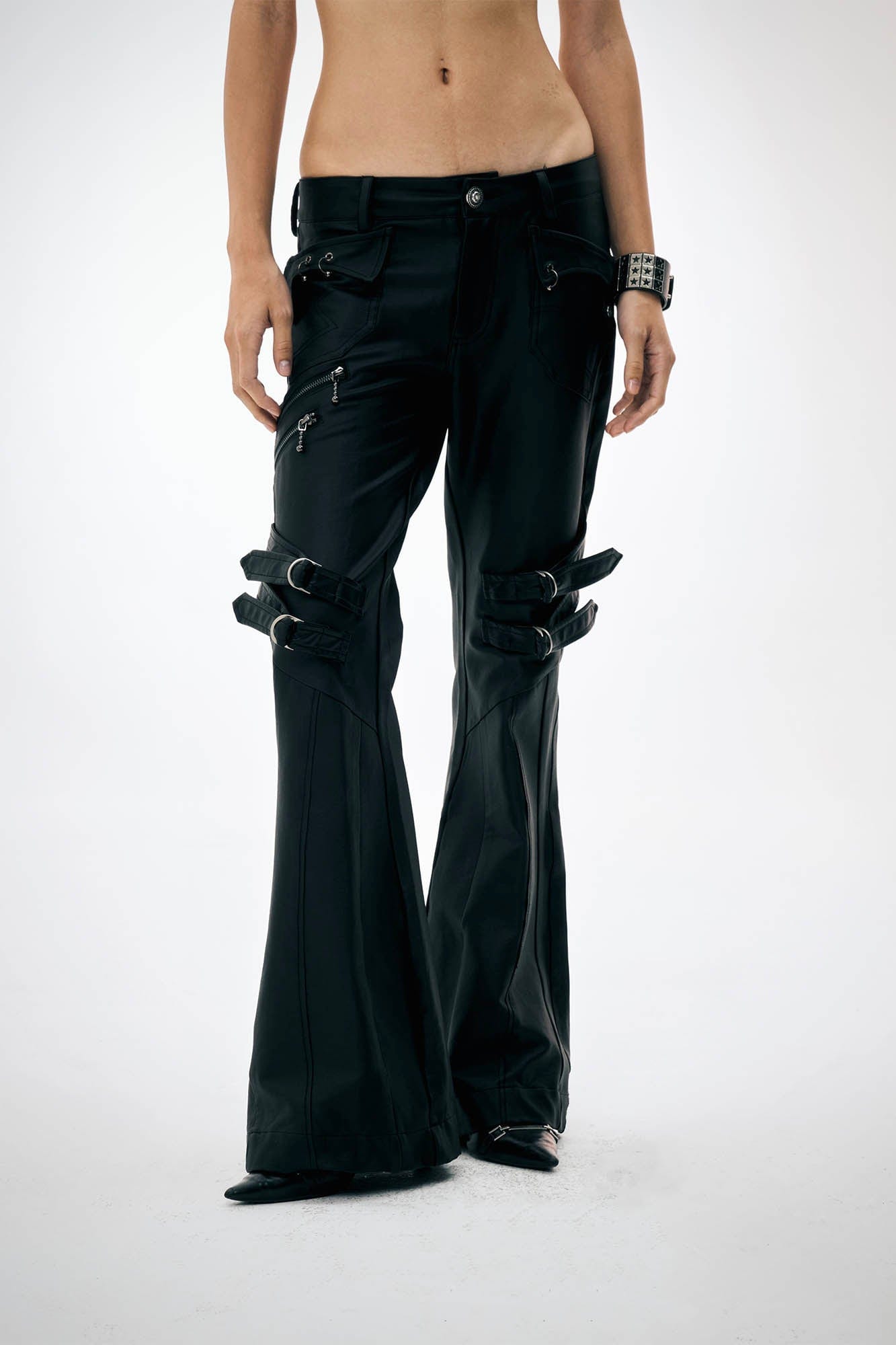 DND4DES×Faychui Waxed Strapped Flared Pants, premium urban and streetwear designers apparel on PROJECTISR.com, DND4DES