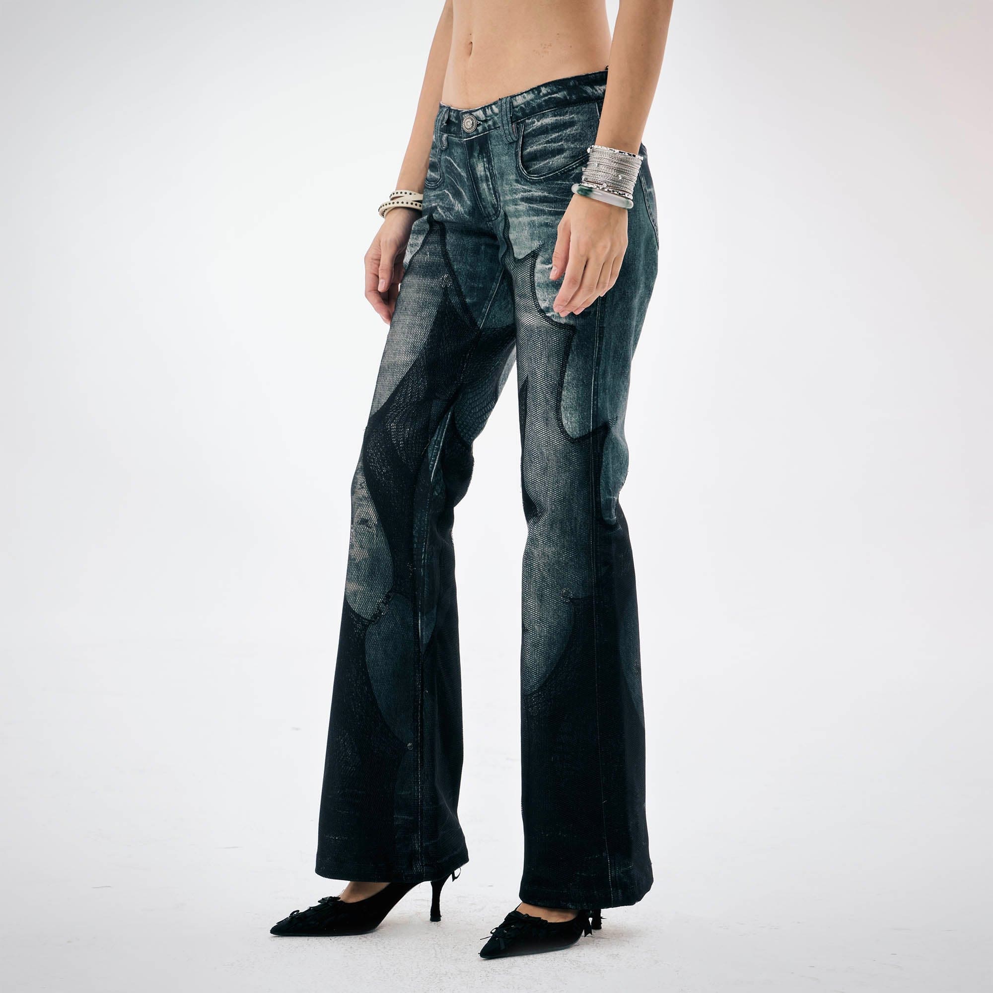DND4DES×Faychui Mesh-Panelled Washed Flared Jeans, premium urban and streetwear designers apparel on PROJECTISR.com, DND4DES