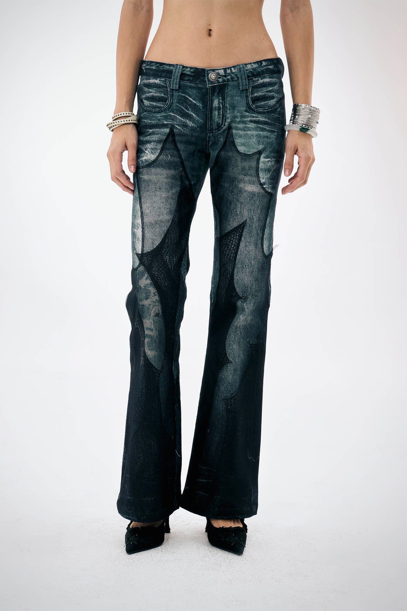DND4DES×Faychui Mesh-Panelled Washed Flared Jeans, premium urban and streetwear designers apparel on PROJECTISR.com, DND4DES
