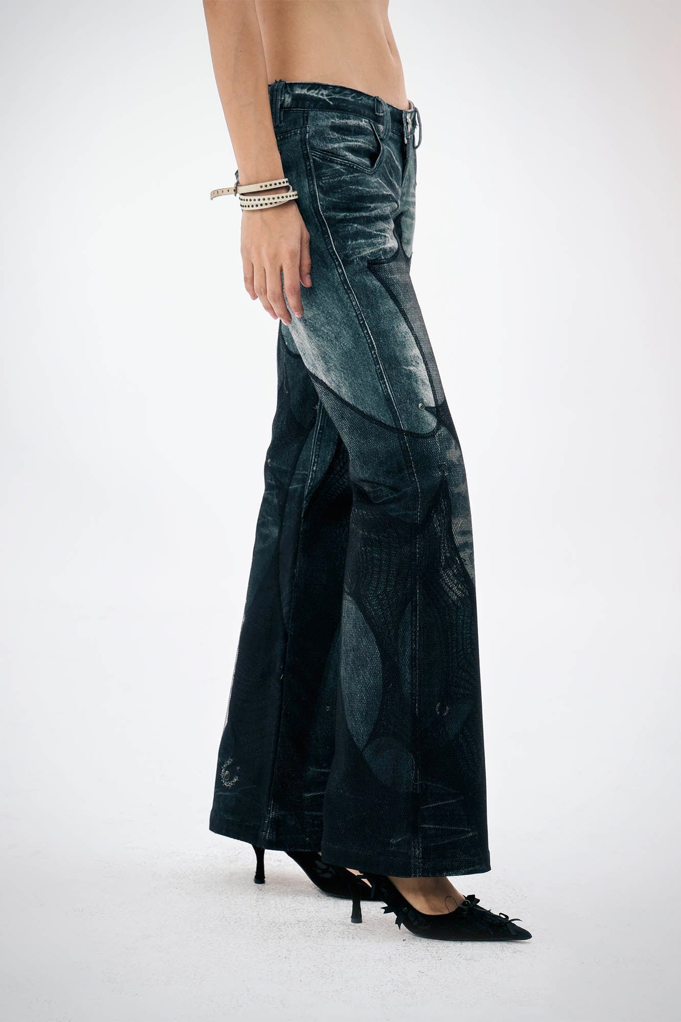 DND4DES×Faychui Mesh-Panelled Washed Flared Jeans, premium urban and streetwear designers apparel on PROJECTISR.com, DND4DES