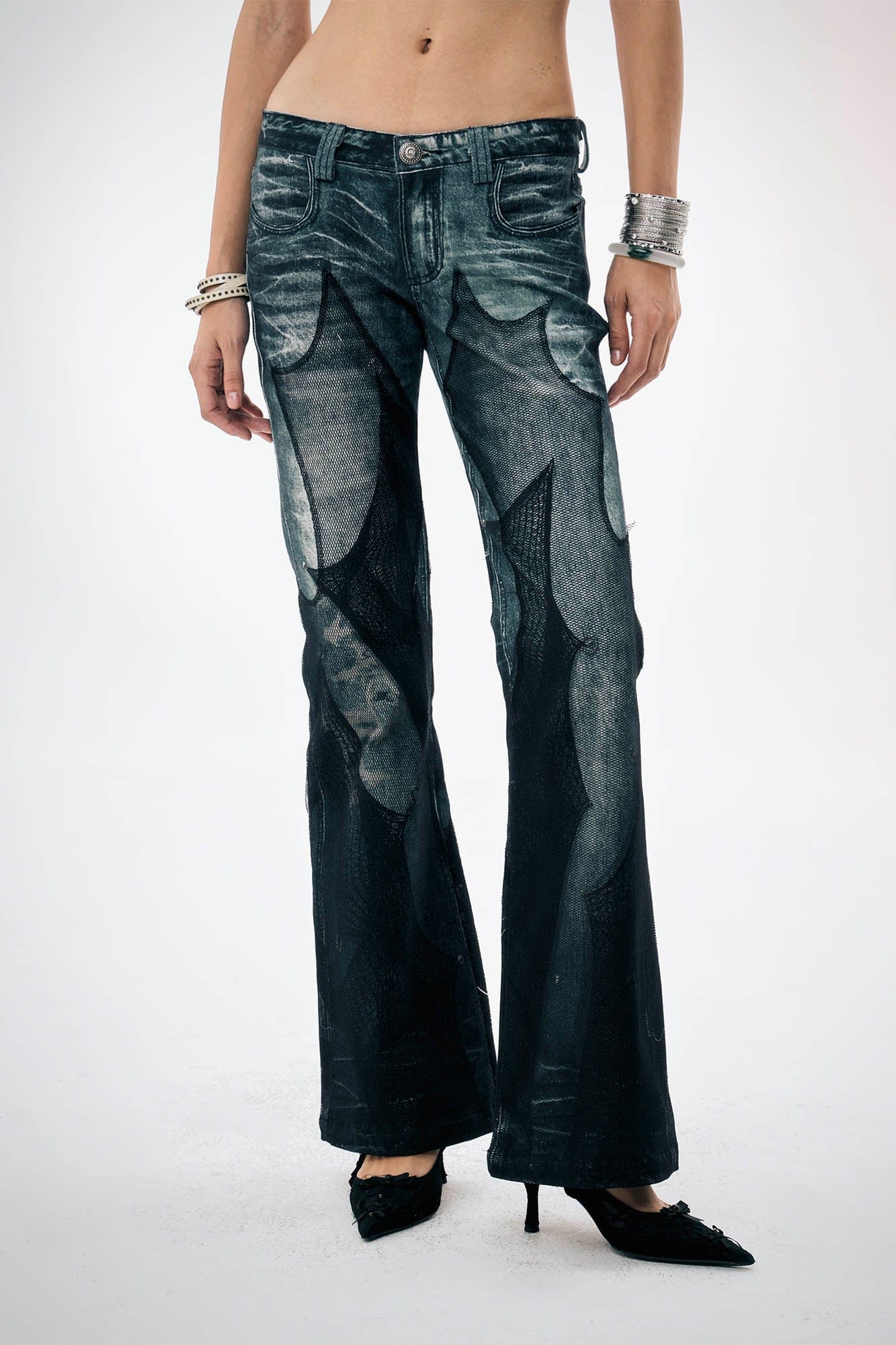 DND4DES×Faychui Mesh-Panelled Washed Flared Jeans, premium urban and streetwear designers apparel on PROJECTISR.com, DND4DES