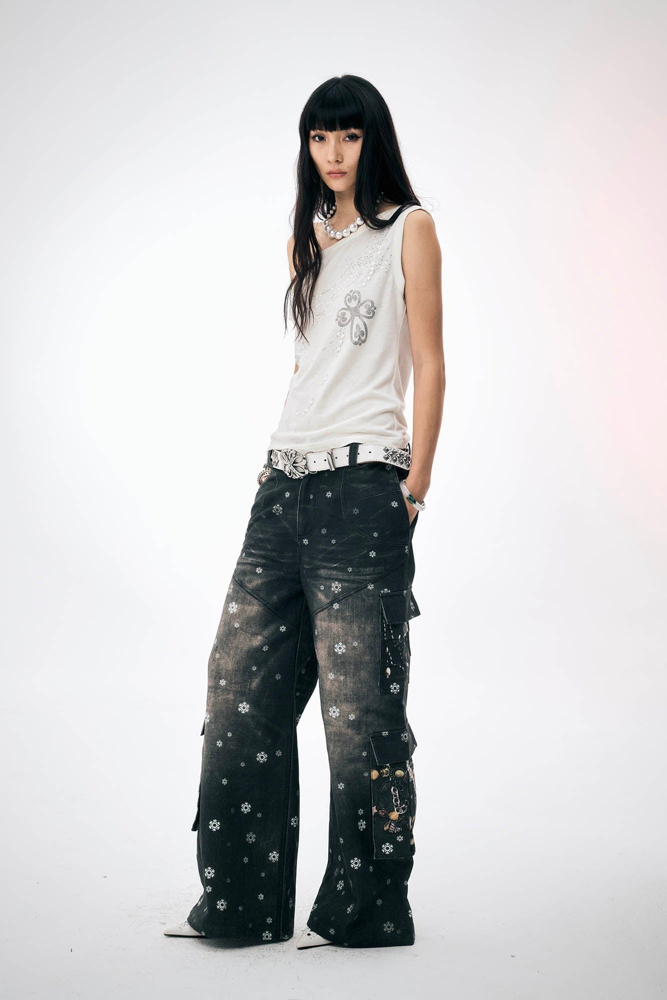 DND4DES×Faychui Snowflake Full-Print Spliced Multi-Pocket Jeans, premium urban and streetwear designers apparel on PROJECTISR.com, DND4DES