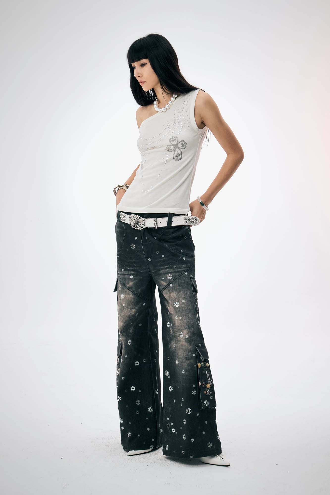 DND4DES×Faychui Snowflake Full-Print Spliced Multi-Pocket Jeans, premium urban and streetwear designers apparel on PROJECTISR.com, DND4DES