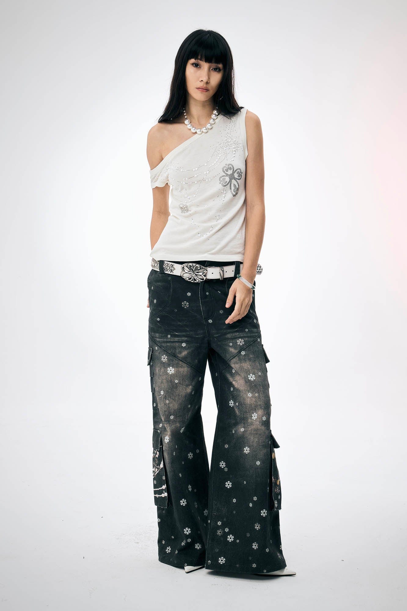 DND4DES×Faychui Snowflake Full-Print Spliced Multi-Pocket Jeans, premium urban and streetwear designers apparel on PROJECTISR.com, DND4DES