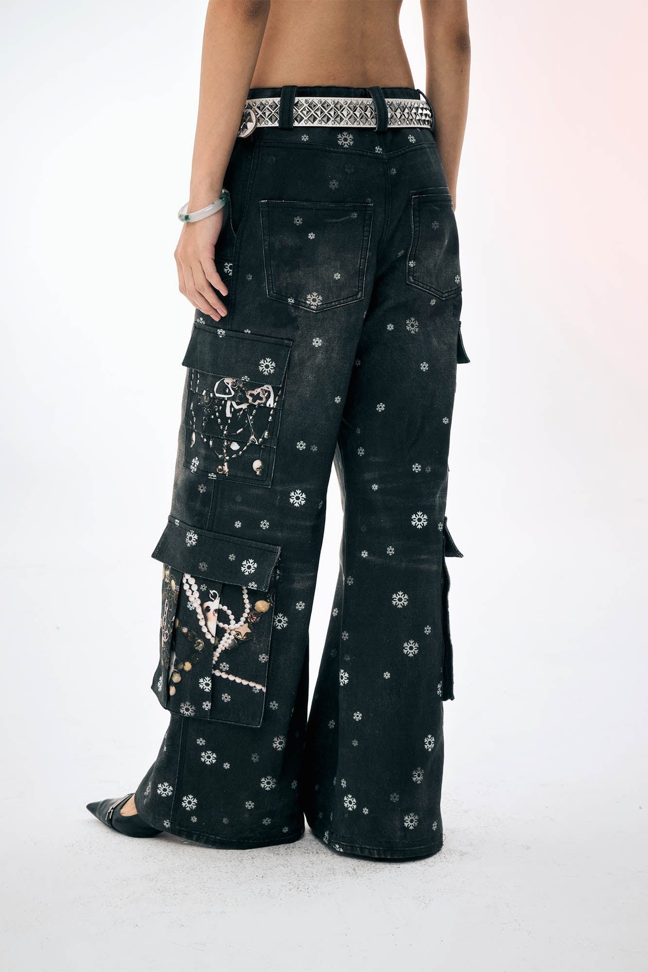 DND4DES×Faychui Snowflake Full-Print Spliced Multi-Pocket Jeans, premium urban and streetwear designers apparel on PROJECTISR.com, DND4DES