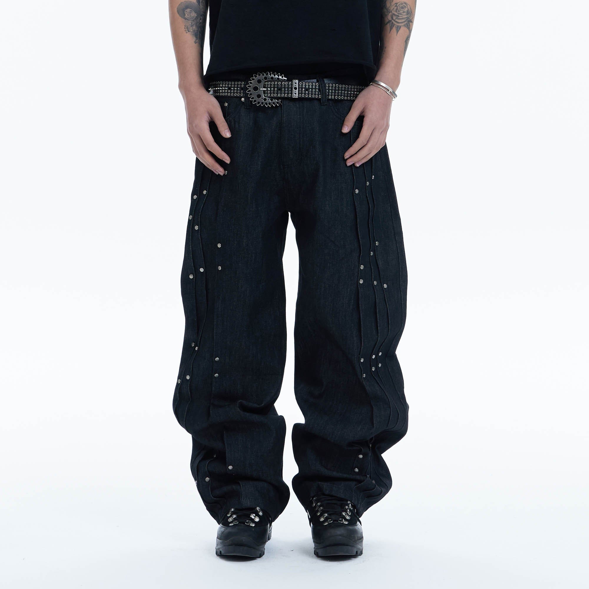 DND4DES Paneled Rivet Wide-Leg Jeans, premium urban and streetwear designers apparel on PROJECTISR.com, DND4DES