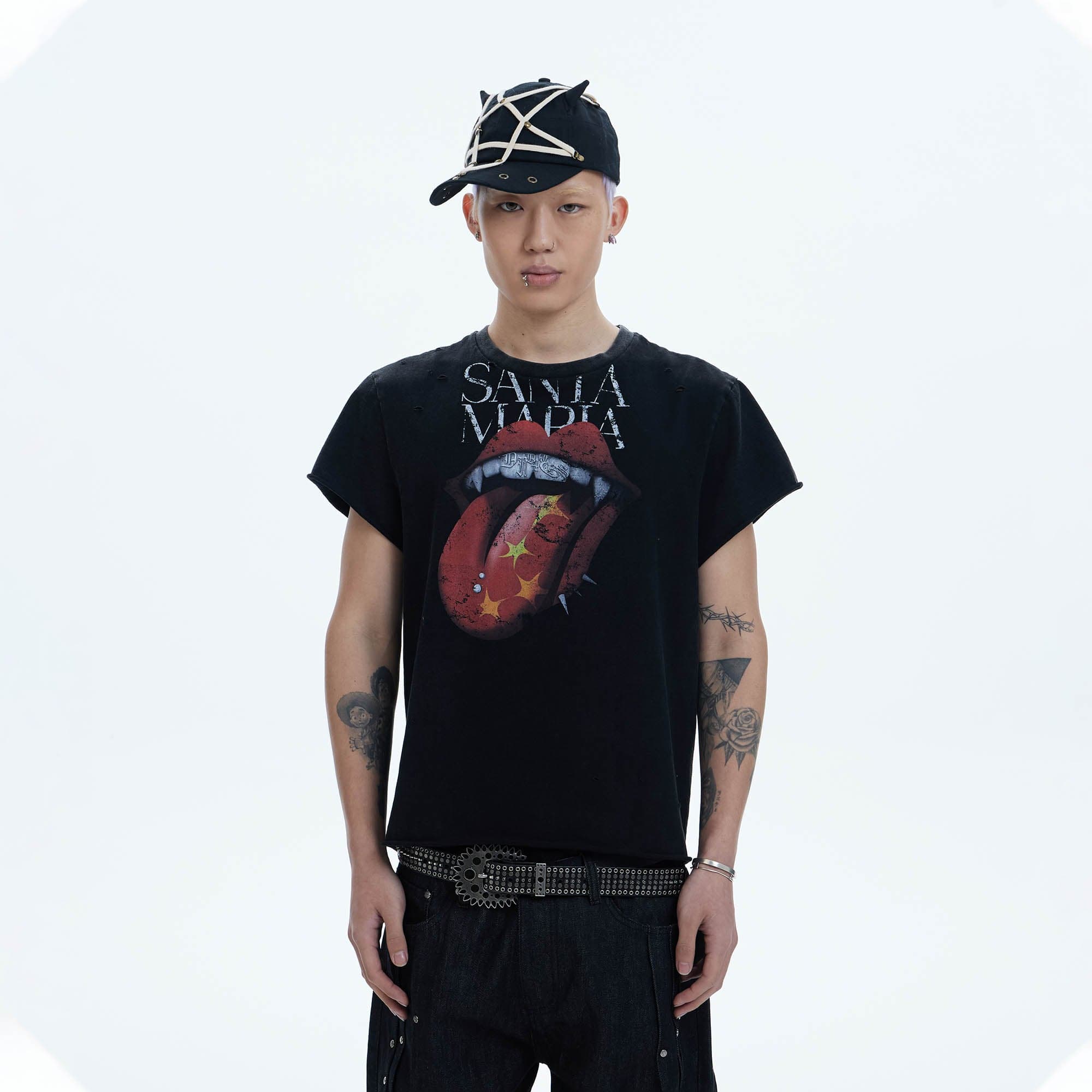 DND4DES Punk Fanged Lips Distressed Tee, premium urban and streetwear designers apparel on PROJECTISR.com, DND4DES