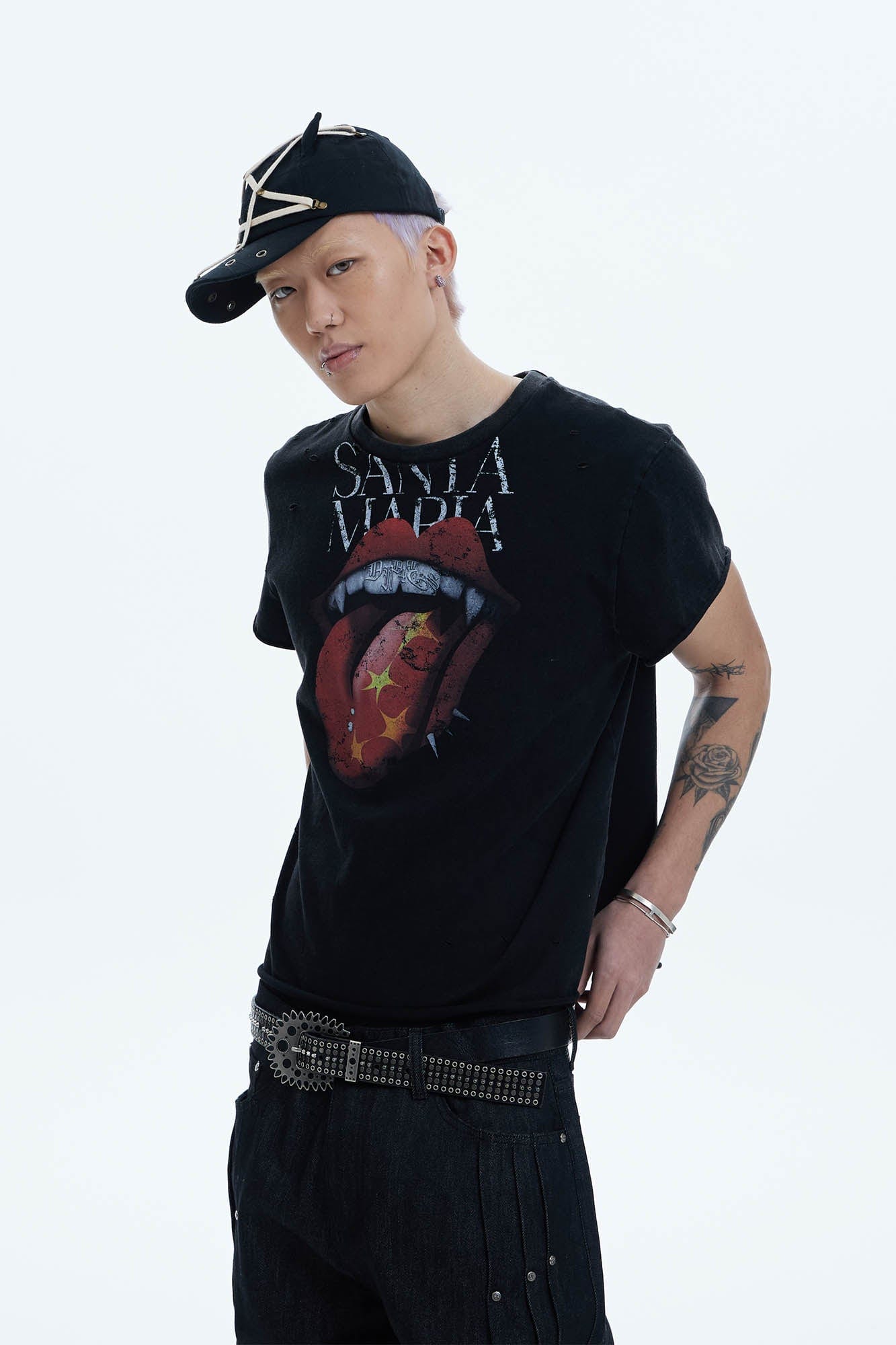 DND4DES Punk Fanged Lips Distressed Tee, premium urban and streetwear designers apparel on PROJECTISR.com, DND4DES