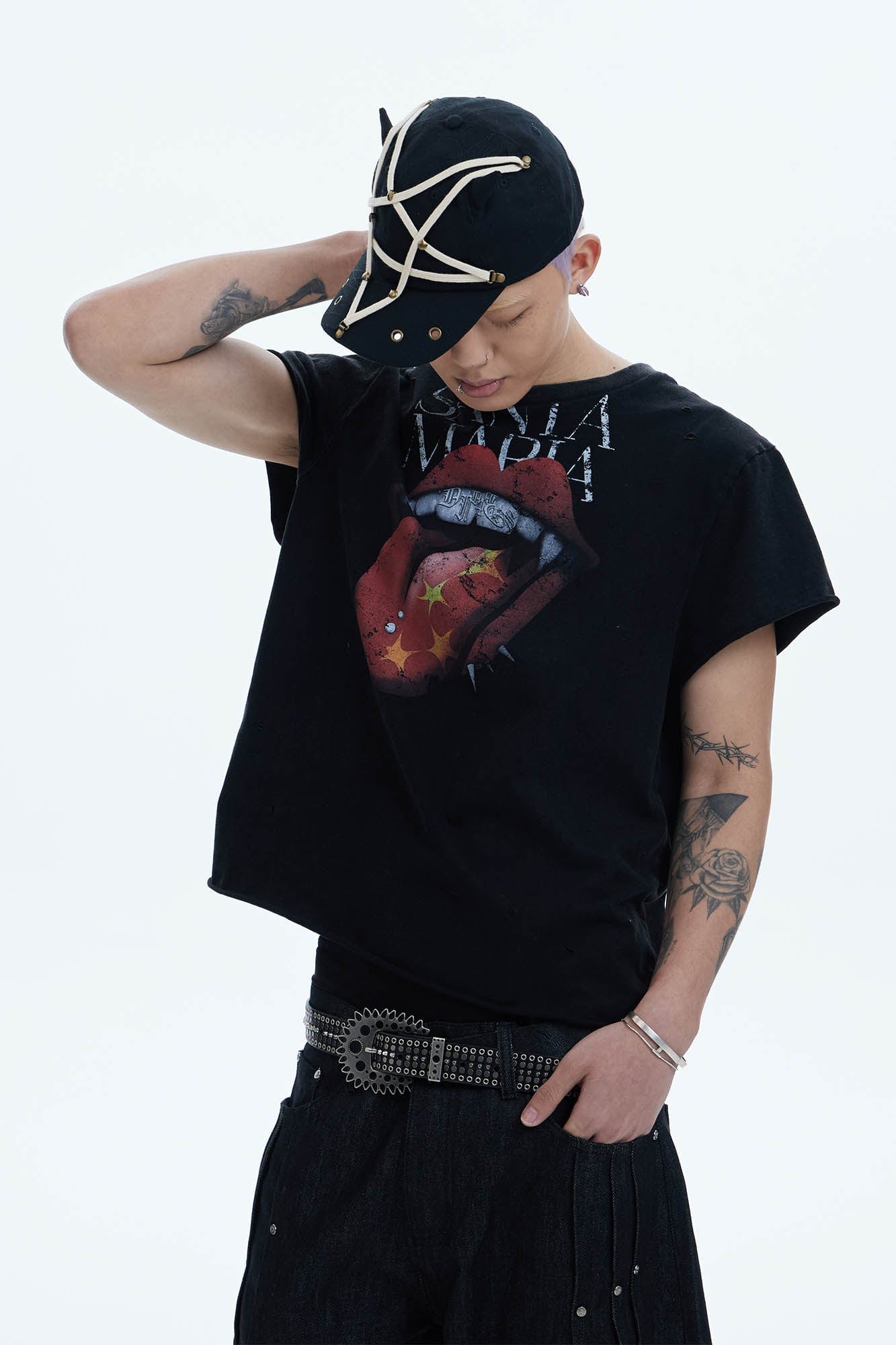 DND4DES Punk Fanged Lips Distressed Tee, premium urban and streetwear designers apparel on PROJECTISR.com, DND4DES