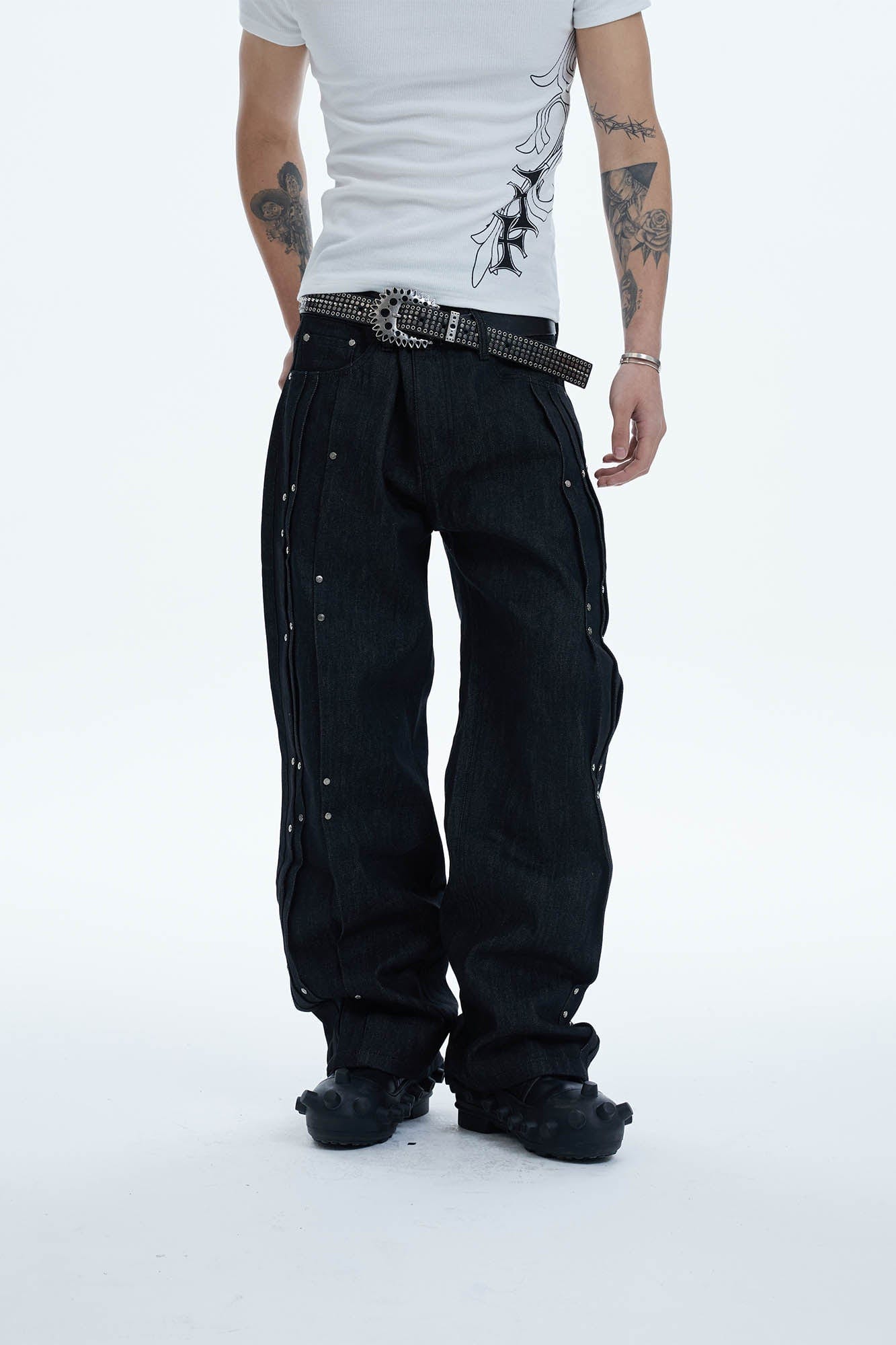 DND4DES Paneled Rivet Wide-Leg Jeans, premium urban and streetwear designers apparel on PROJECTISR.com, DND4DES