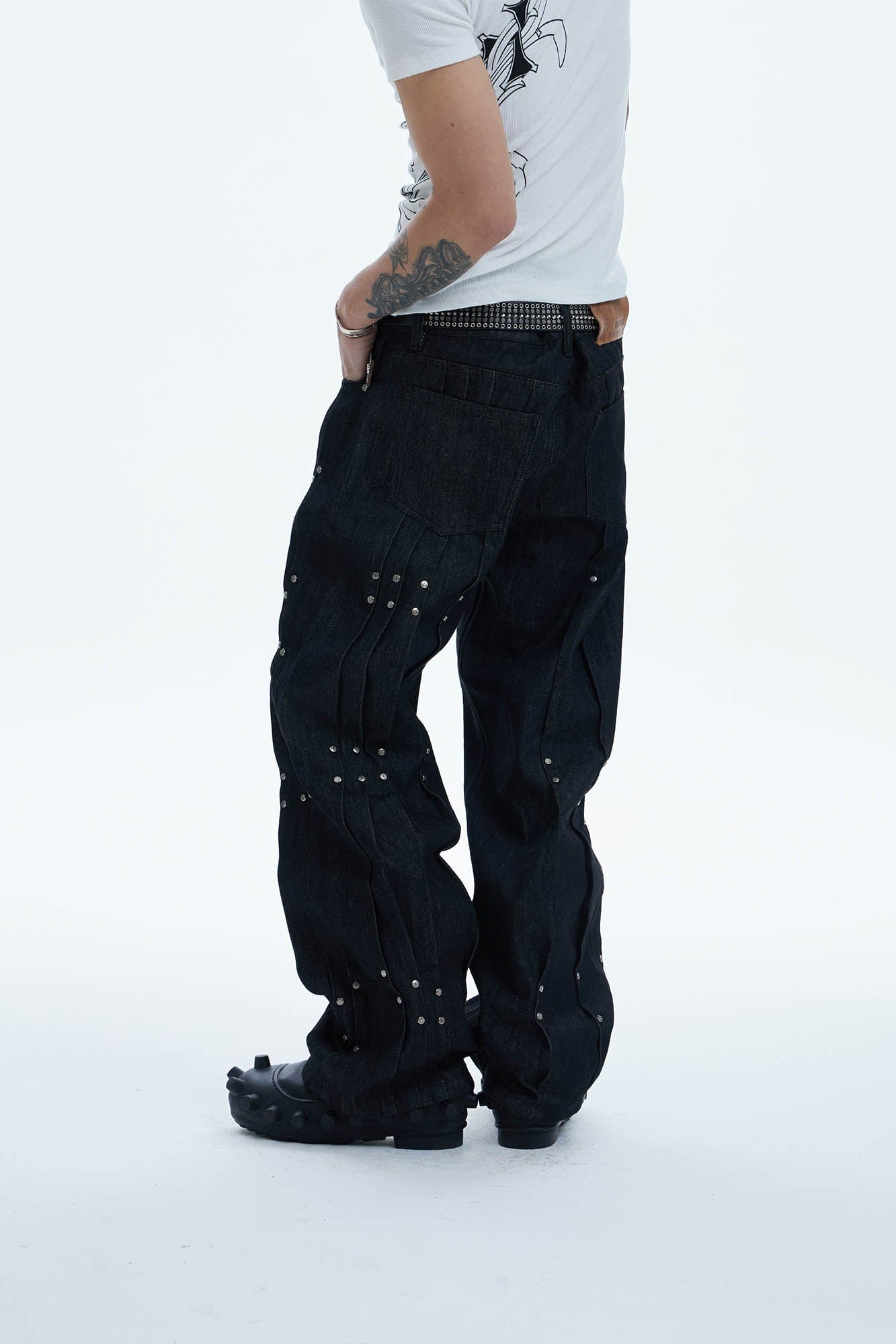 DND4DES Paneled Rivet Wide-Leg Jeans, premium urban and streetwear designers apparel on PROJECTISR.com, DND4DES