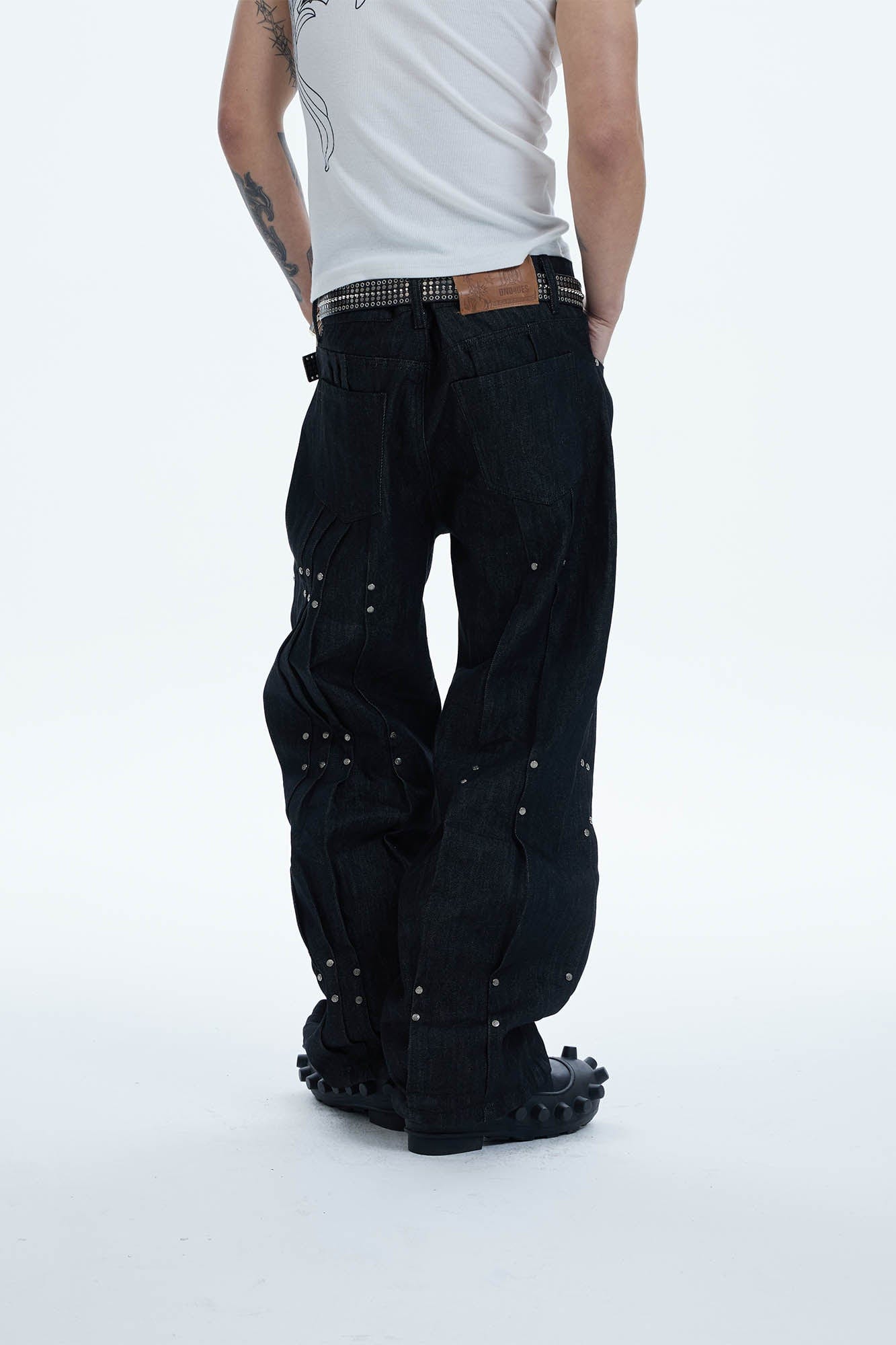 DND4DES Paneled Rivet Wide-Leg Jeans, premium urban and streetwear designers apparel on PROJECTISR.com, DND4DES