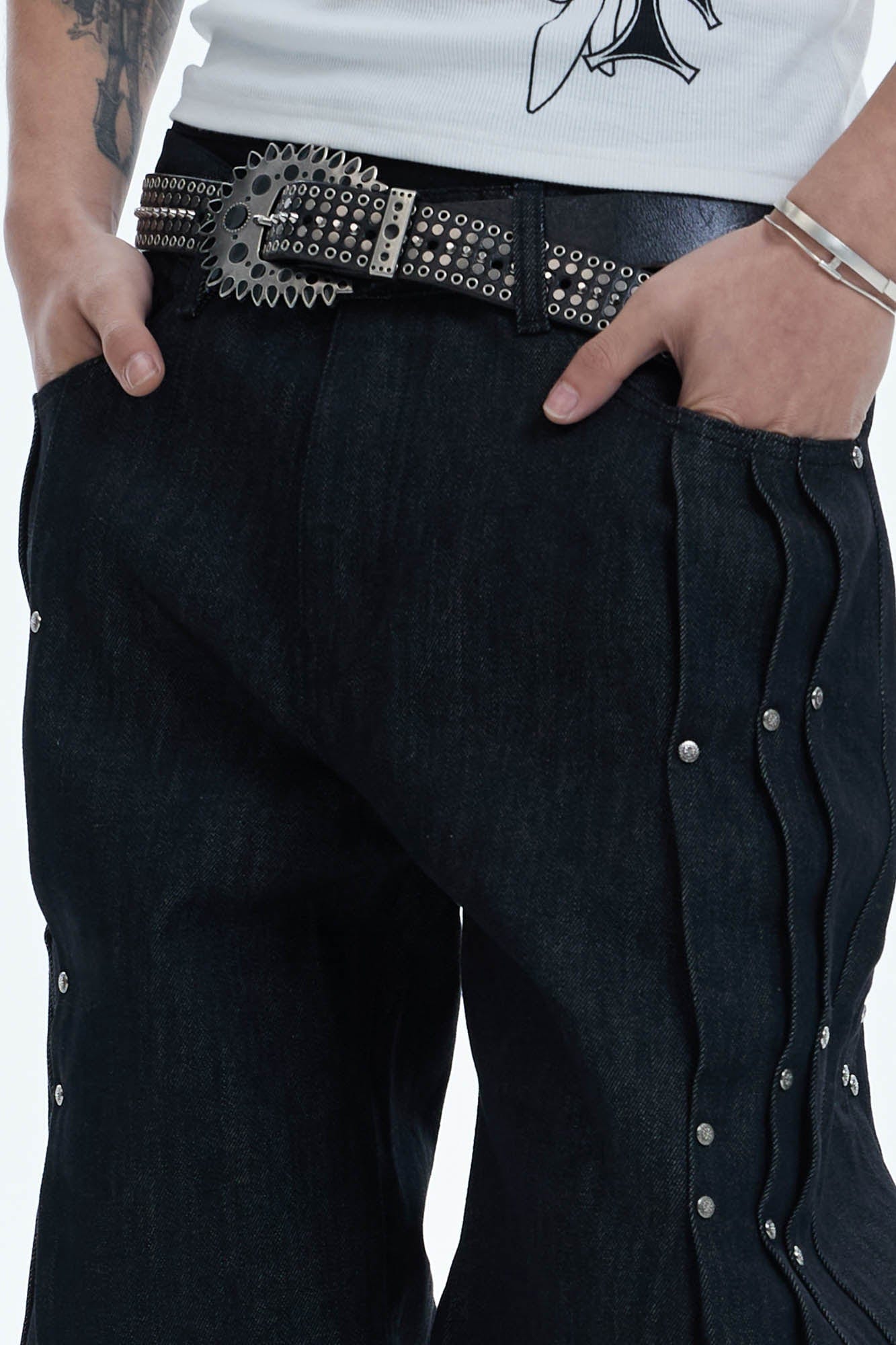 DND4DES Paneled Rivet Wide-Leg Jeans, premium urban and streetwear designers apparel on PROJECTISR.com, DND4DES