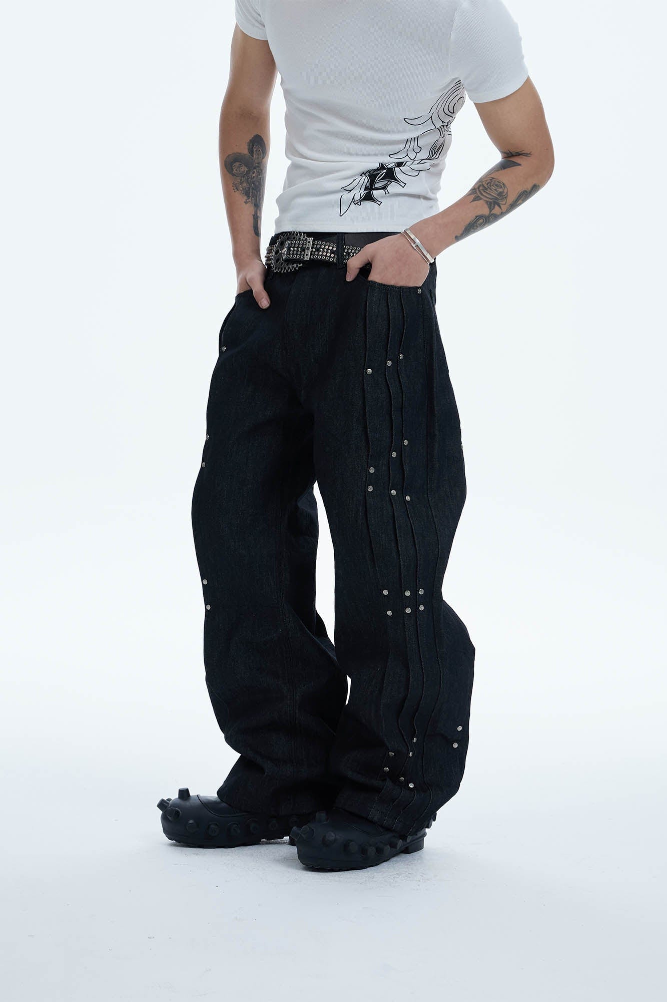 DND4DES Paneled Rivet Wide-Leg Jeans, premium urban and streetwear designers apparel on PROJECTISR.com, DND4DES