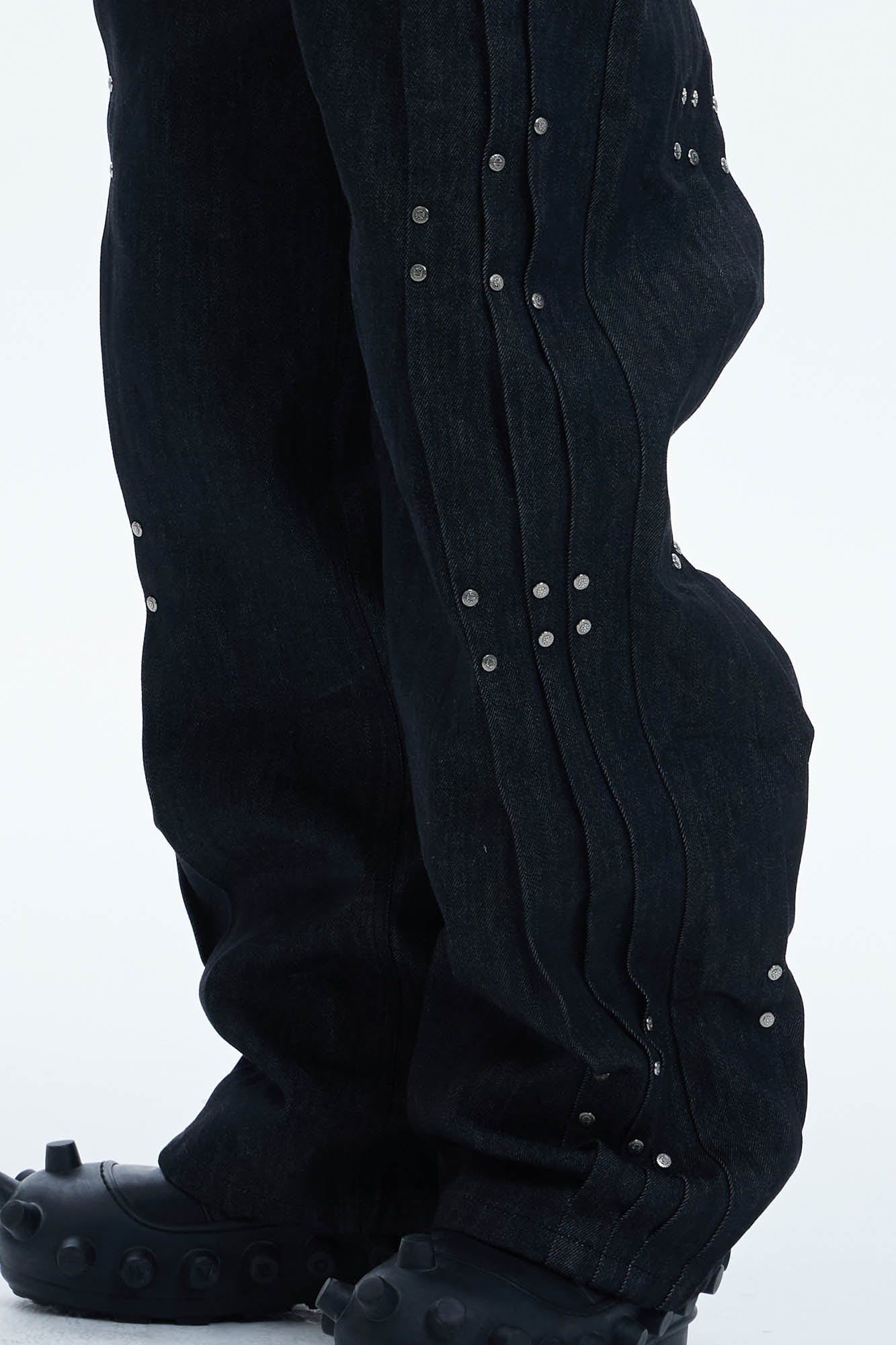 DND4DES Paneled Rivet Wide-Leg Jeans, premium urban and streetwear designers apparel on PROJECTISR.com, DND4DES