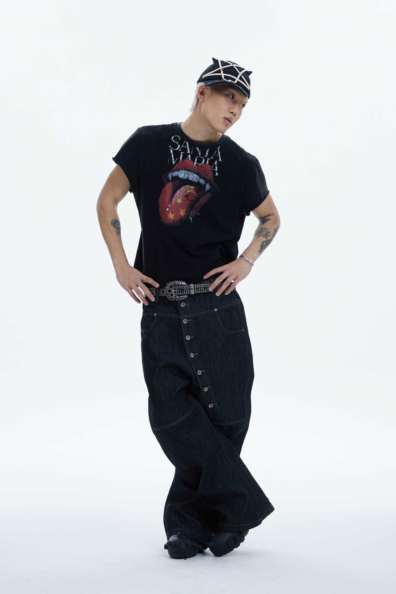 DND4DES Asymmetric Button-Fly Spliced Baggy Jeans, premium urban and streetwear designers apparel on PROJECTISR.com, DND4DES