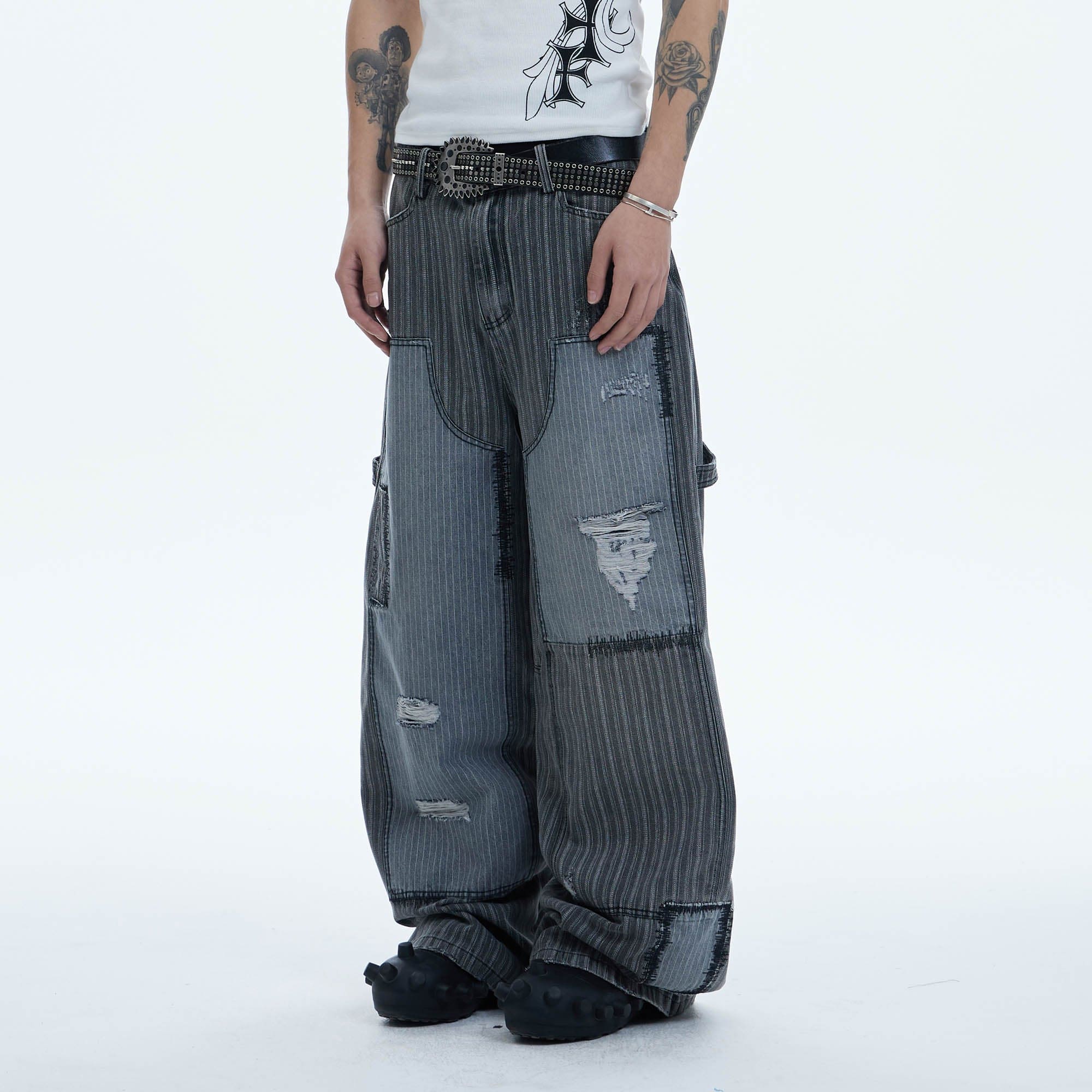 DND4DES Striped Patchwork Distressed Baggy Jeans, premium urban and streetwear designers apparel on PROJECTISR.com, DND4DES