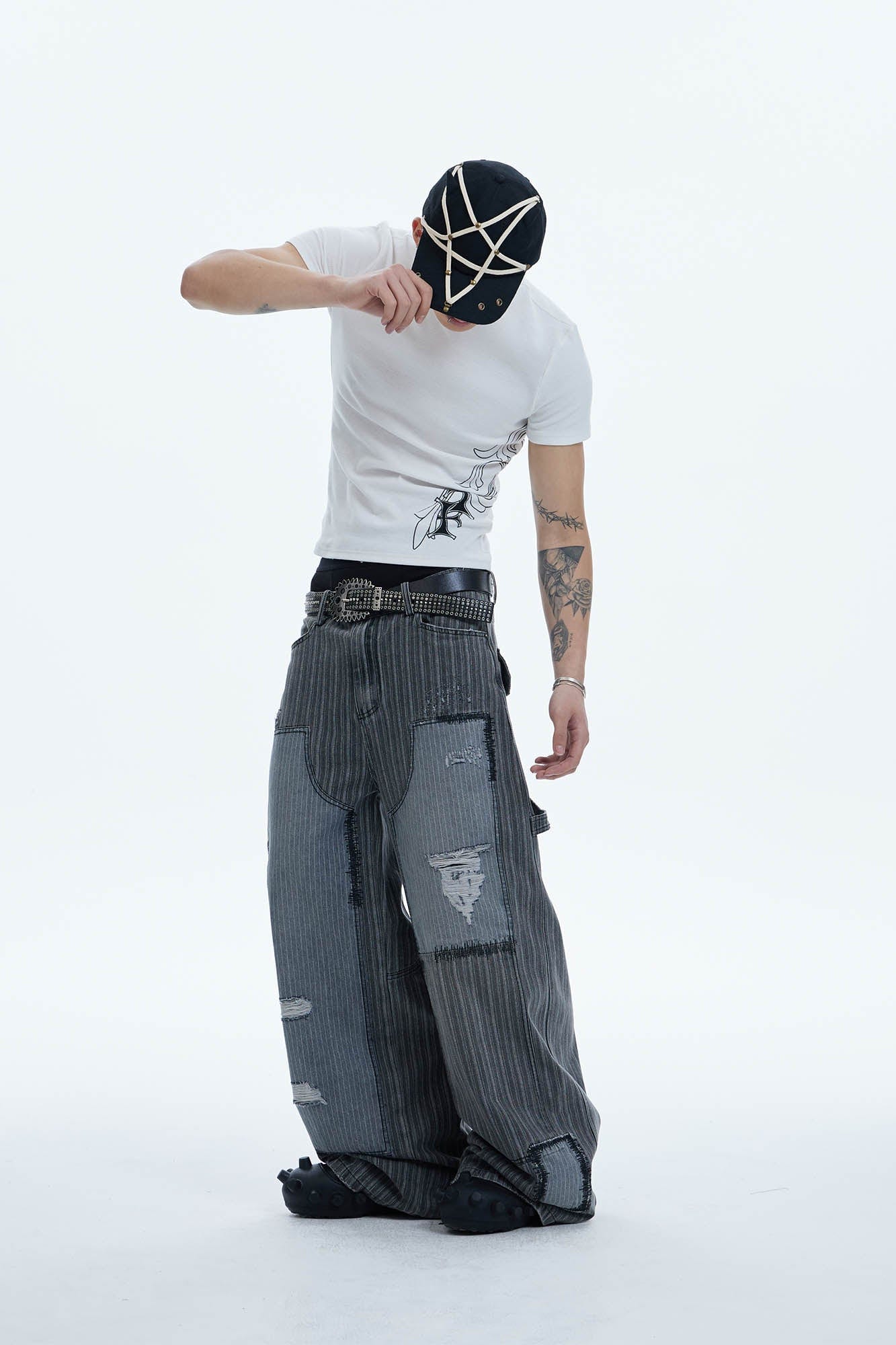 DND4DES Striped Patchwork Distressed Baggy Jeans, premium urban and streetwear designers apparel on PROJECTISR.com, DND4DES