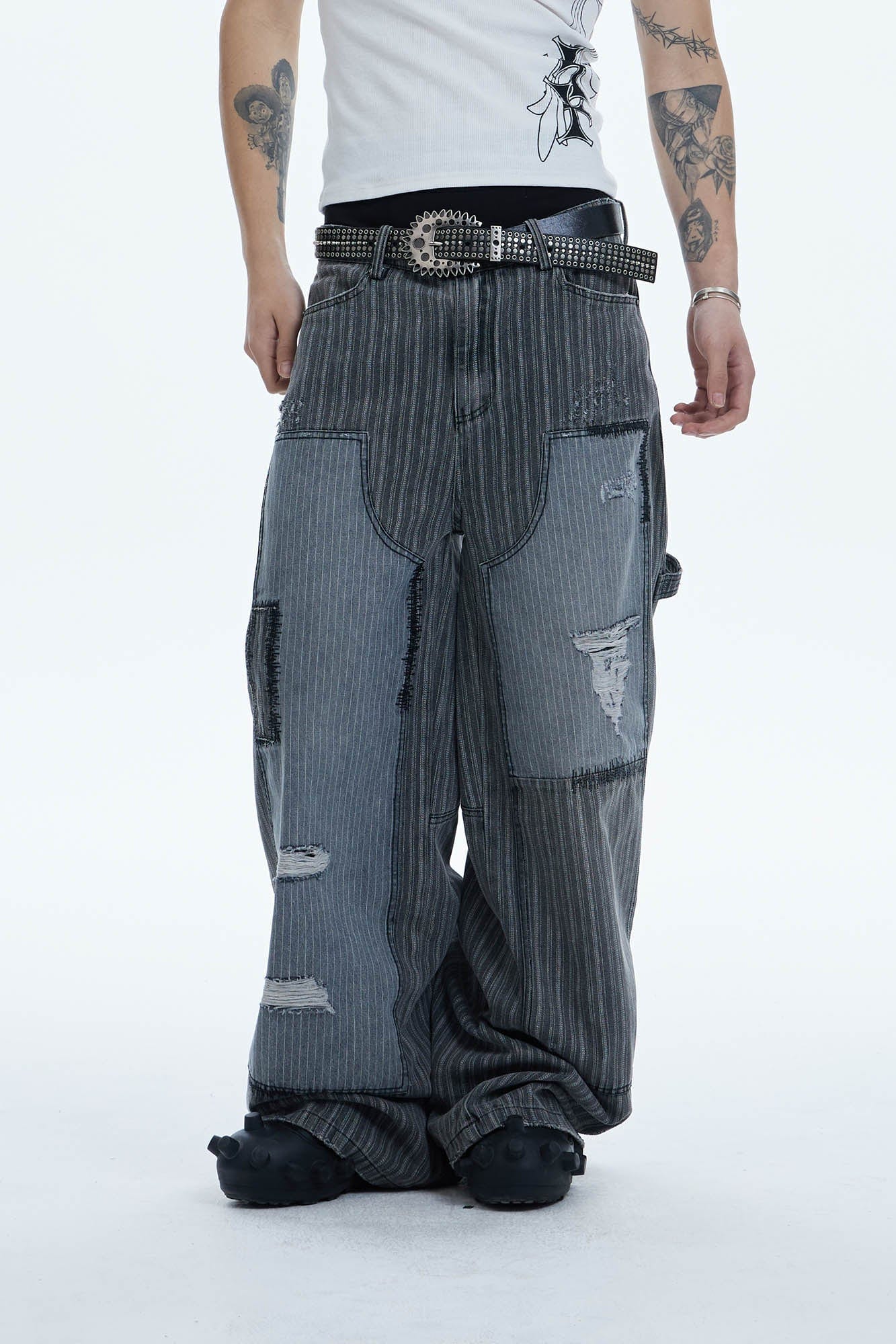 DND4DES Striped Patchwork Distressed Baggy Jeans, premium urban and streetwear designers apparel on PROJECTISR.com, DND4DES