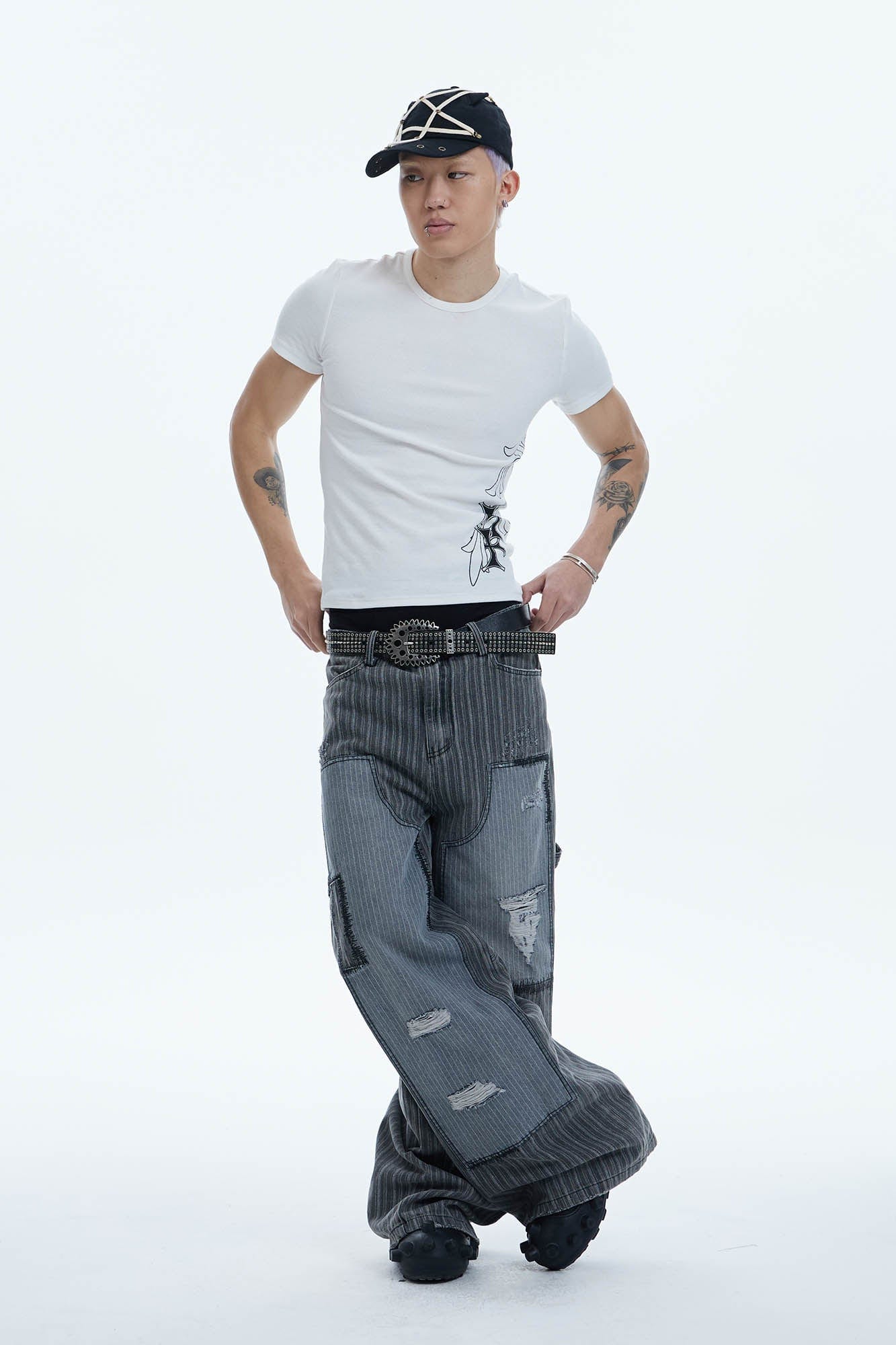 DND4DES Striped Patchwork Distressed Baggy Jeans, premium urban and streetwear designers apparel on PROJECTISR.com, DND4DES
