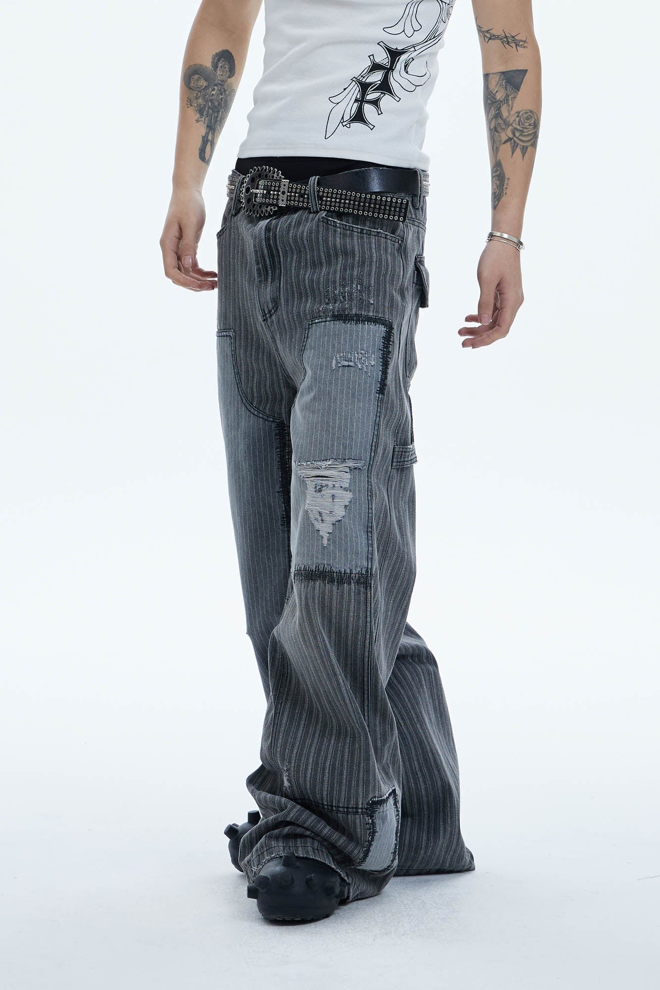 DND4DES Striped Patchwork Distressed Baggy Jeans, premium urban and streetwear designers apparel on PROJECTISR.com, DND4DES