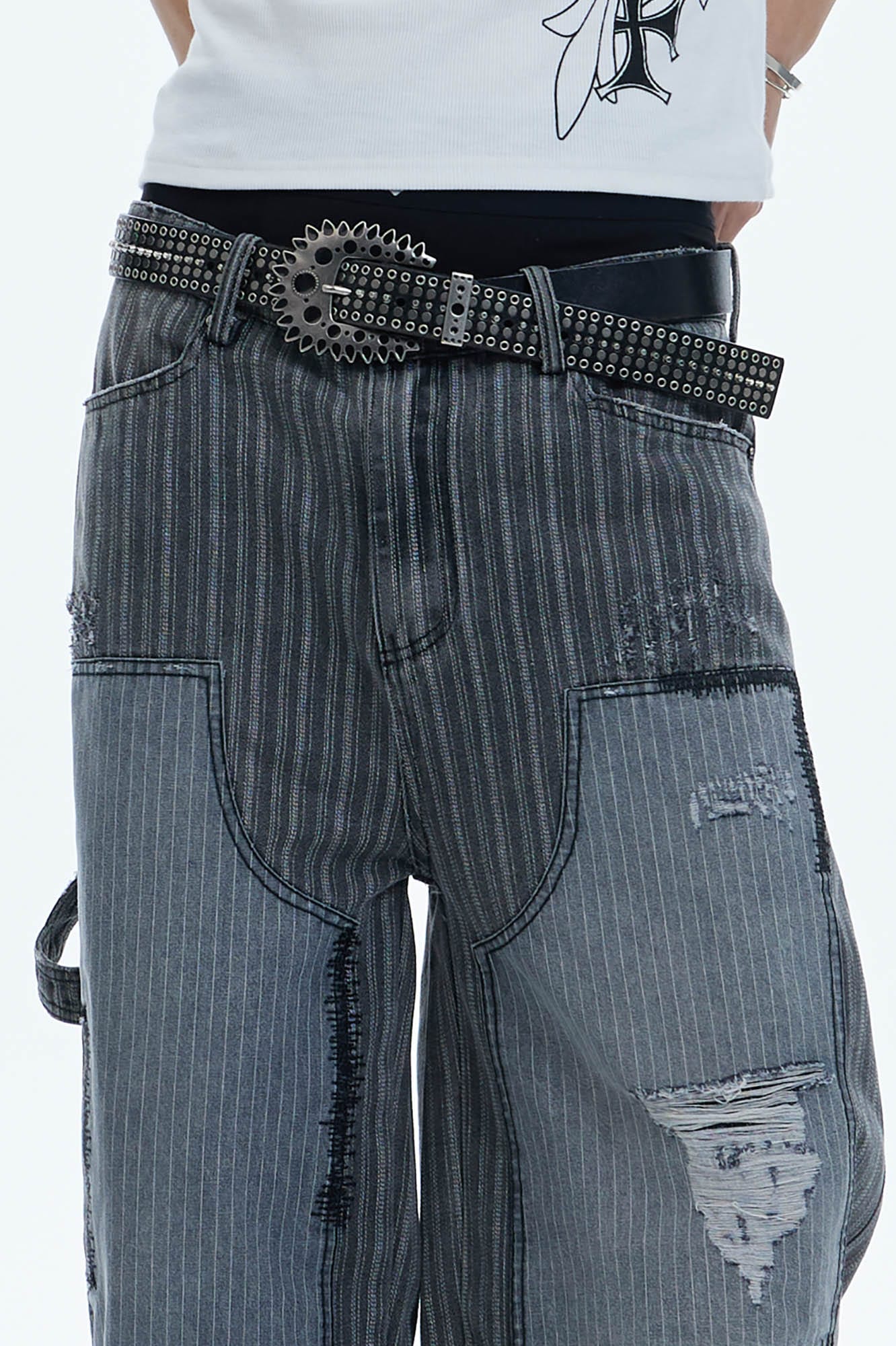 DND4DES Striped Patchwork Distressed Baggy Jeans, premium urban and streetwear designers apparel on PROJECTISR.com, DND4DES