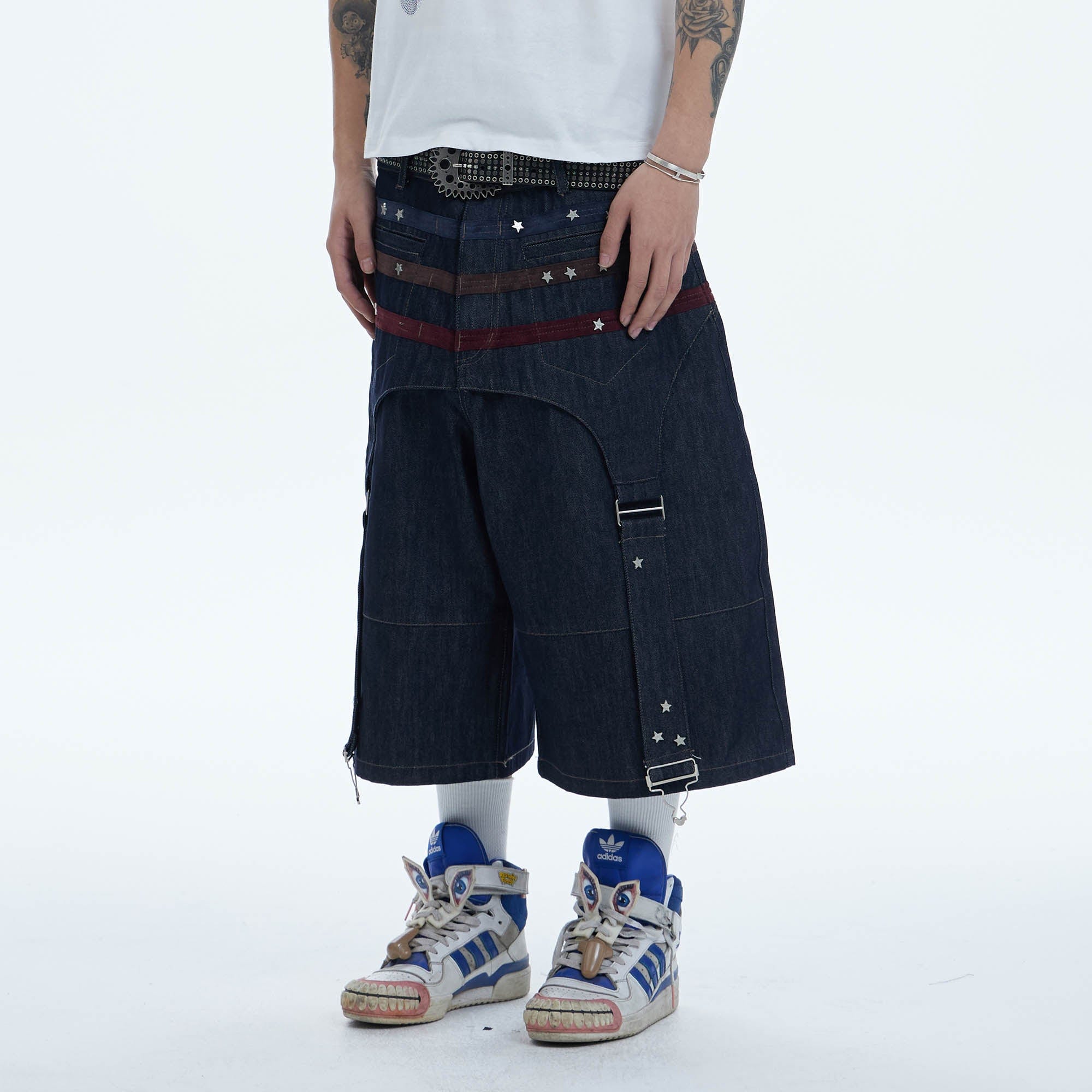 DND4DES Star-Rivet Harness-Layered Denim Shorts, premium urban and streetwear designers apparel on PROJECTISR.com, DND4DES