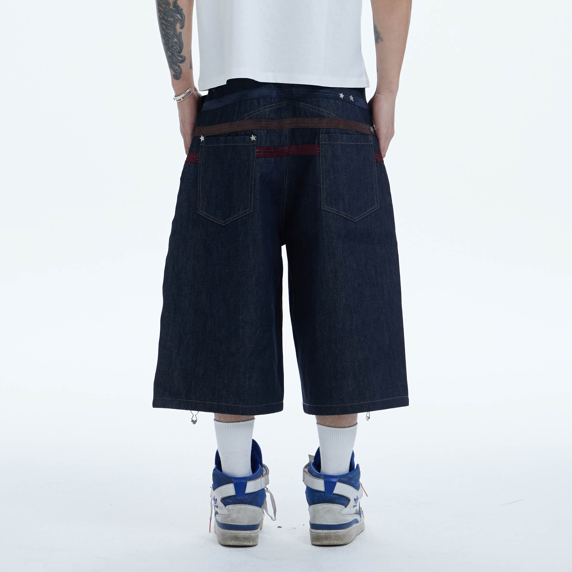 DND4DES Star-Rivet Harness-Layered Denim Shorts, premium urban and streetwear designers apparel on PROJECTISR.com, DND4DES