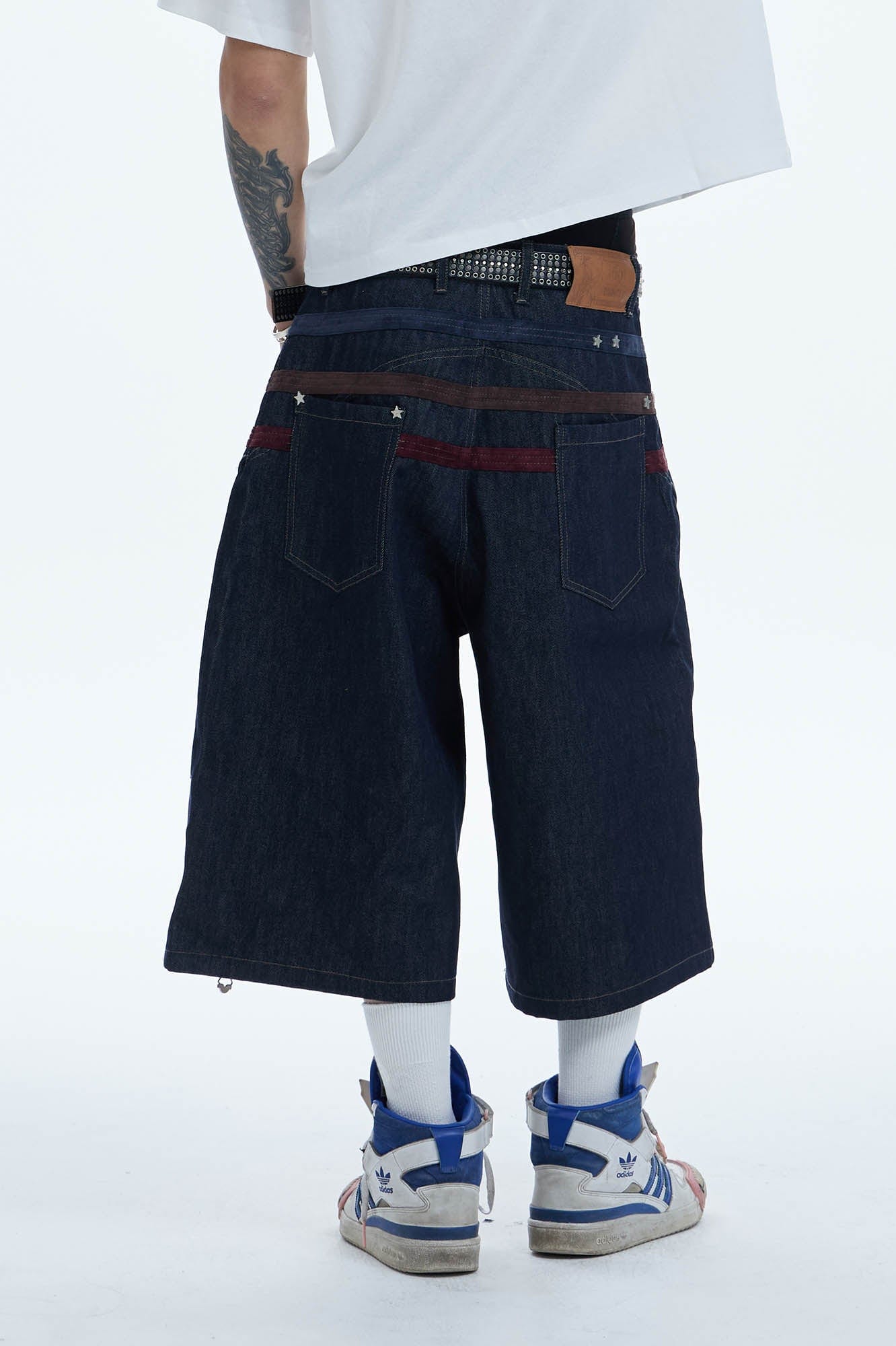 DND4DES Star-Rivet Harness-Layered Denim Shorts, premium urban and streetwear designers apparel on PROJECTISR.com, DND4DES