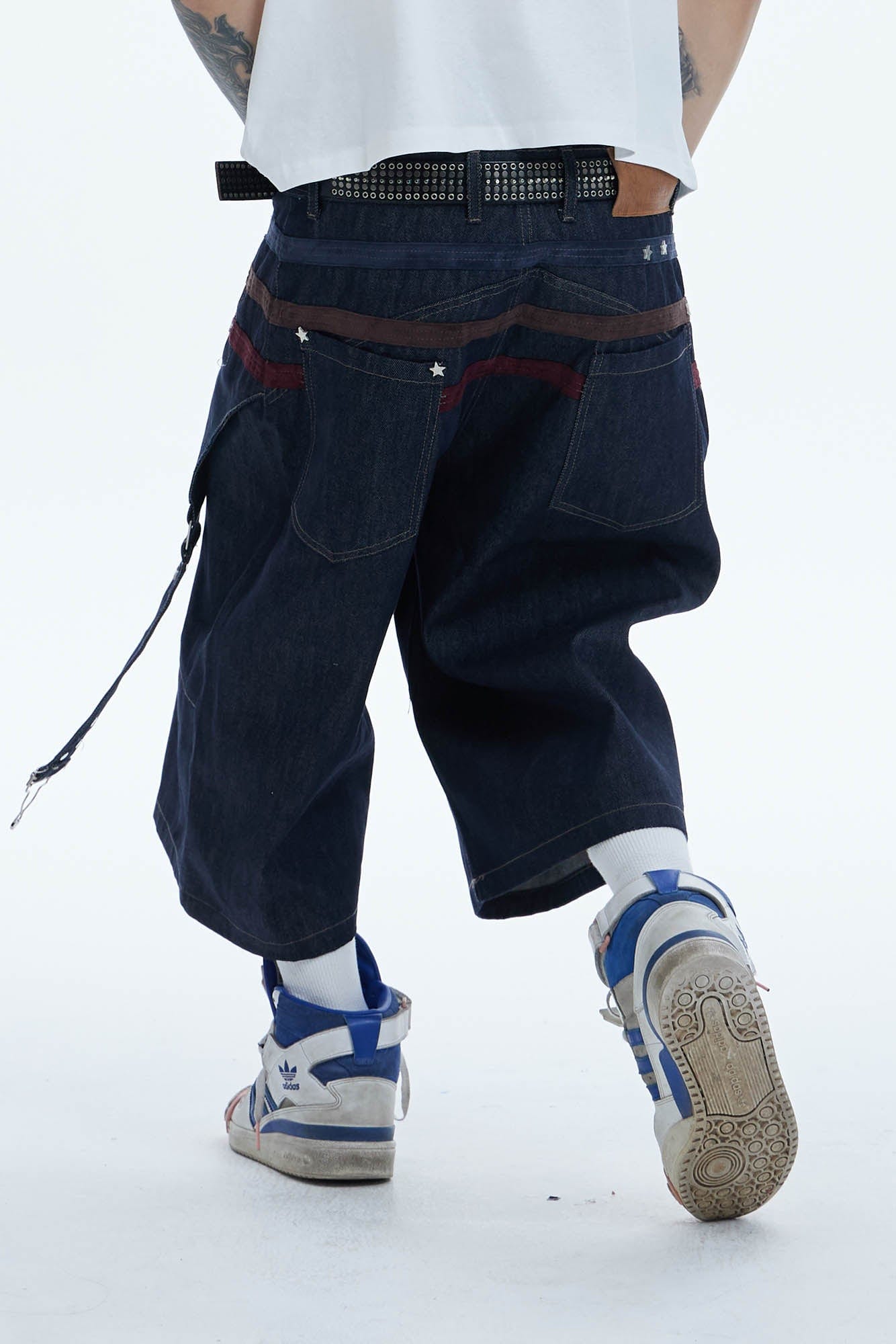 DND4DES Star-Rivet Harness-Layered Denim Shorts, premium urban and streetwear designers apparel on PROJECTISR.com, DND4DES