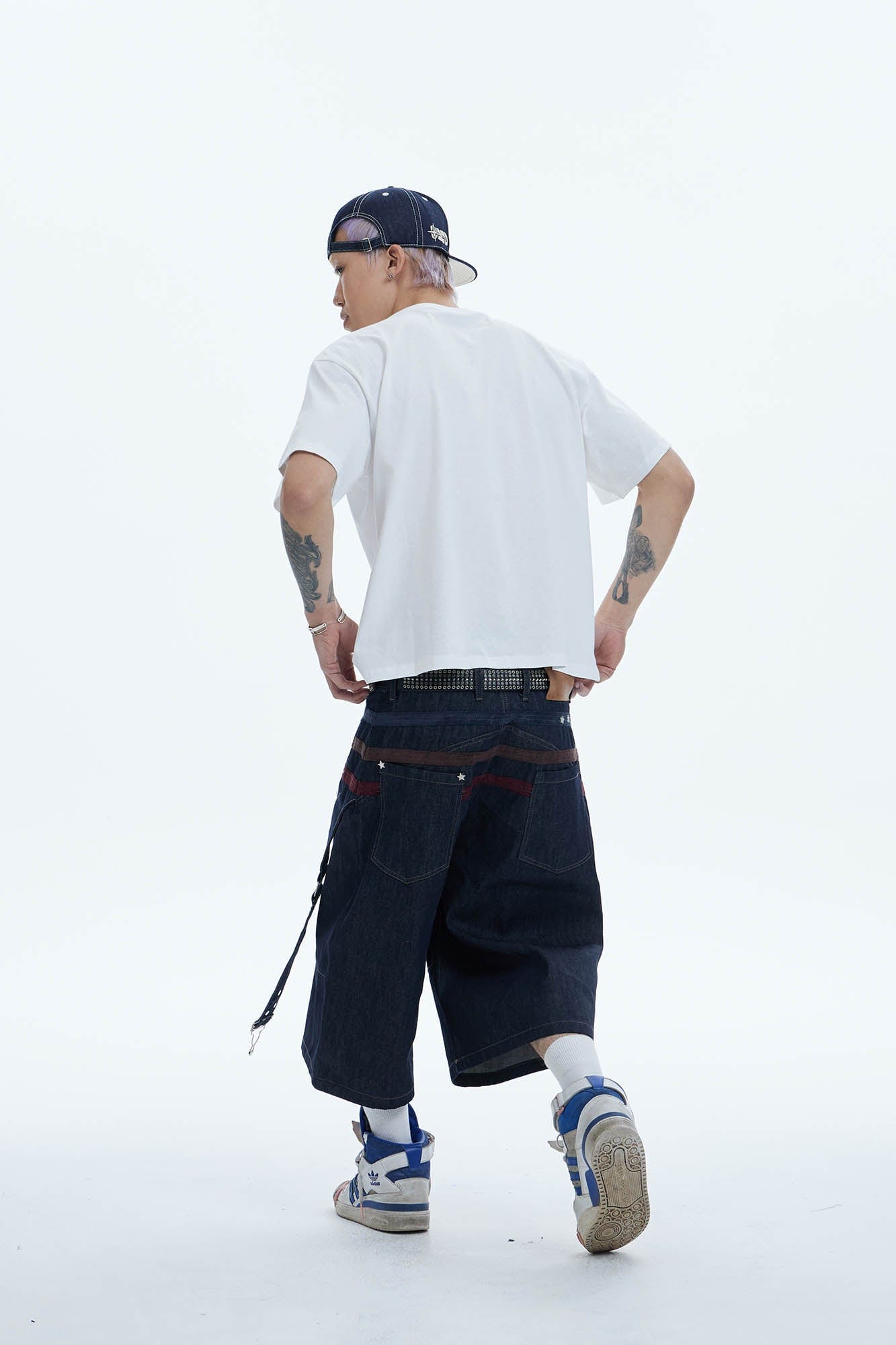 DND4DES Star-Rivet Harness-Layered Denim Shorts, premium urban and streetwear designers apparel on PROJECTISR.com, DND4DES