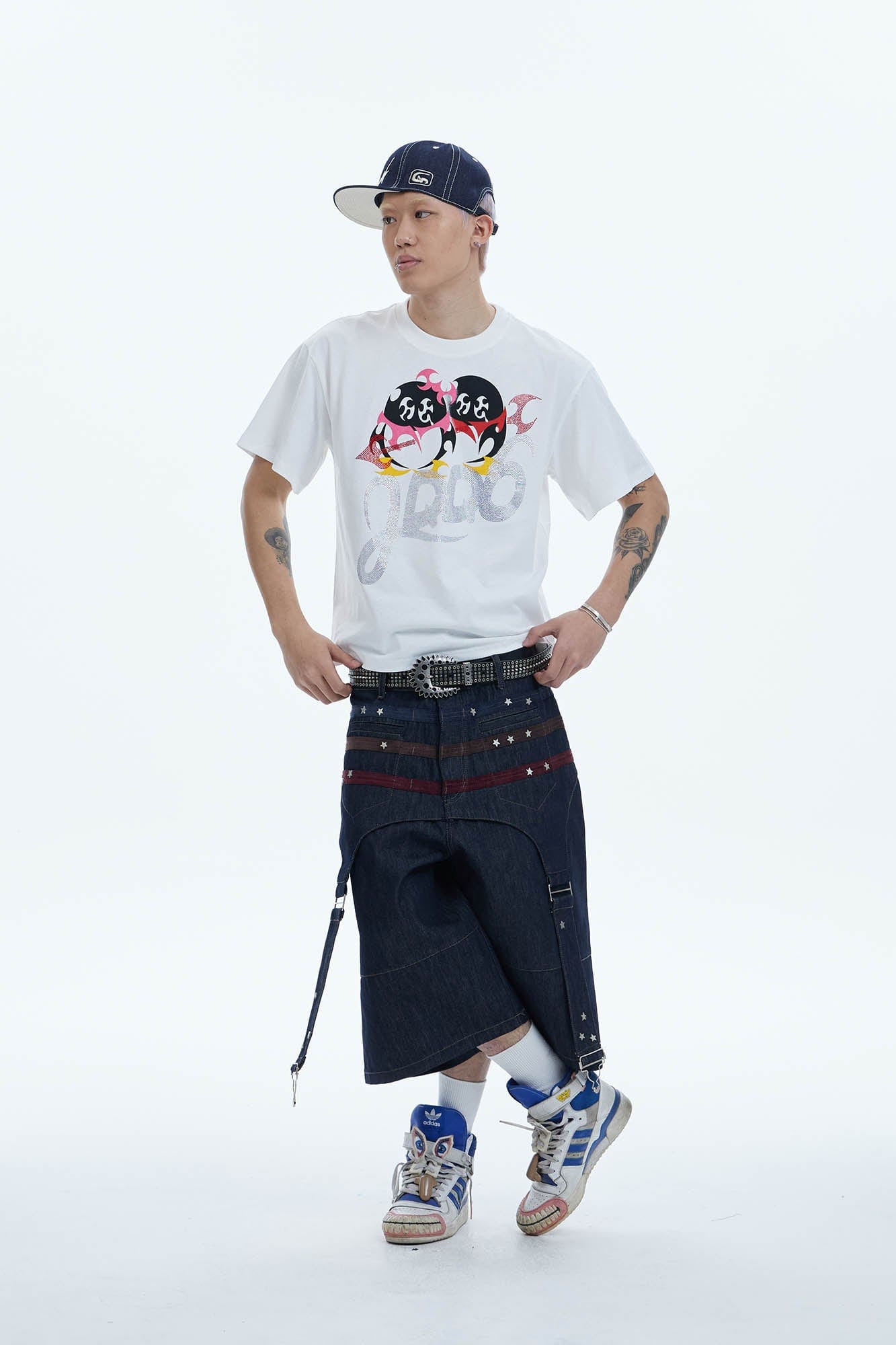 DND4DES Star-Rivet Harness-Layered Denim Shorts, premium urban and streetwear designers apparel on PROJECTISR.com, DND4DES