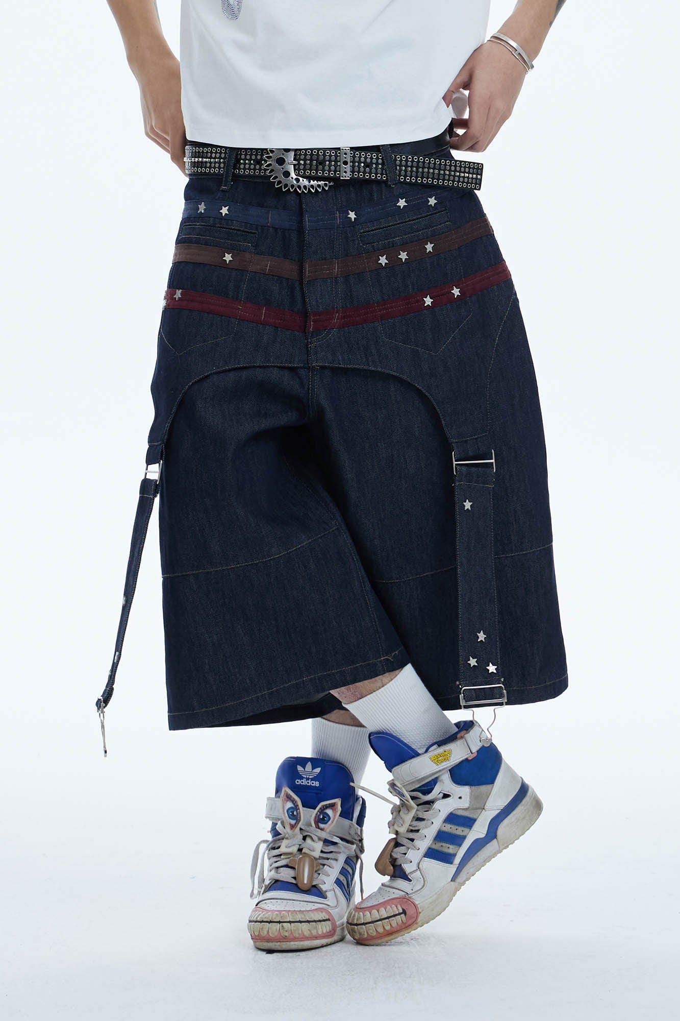 DND4DES Star-Rivet Harness-Layered Denim Shorts, premium urban and streetwear designers apparel on PROJECTISR.com, DND4DES