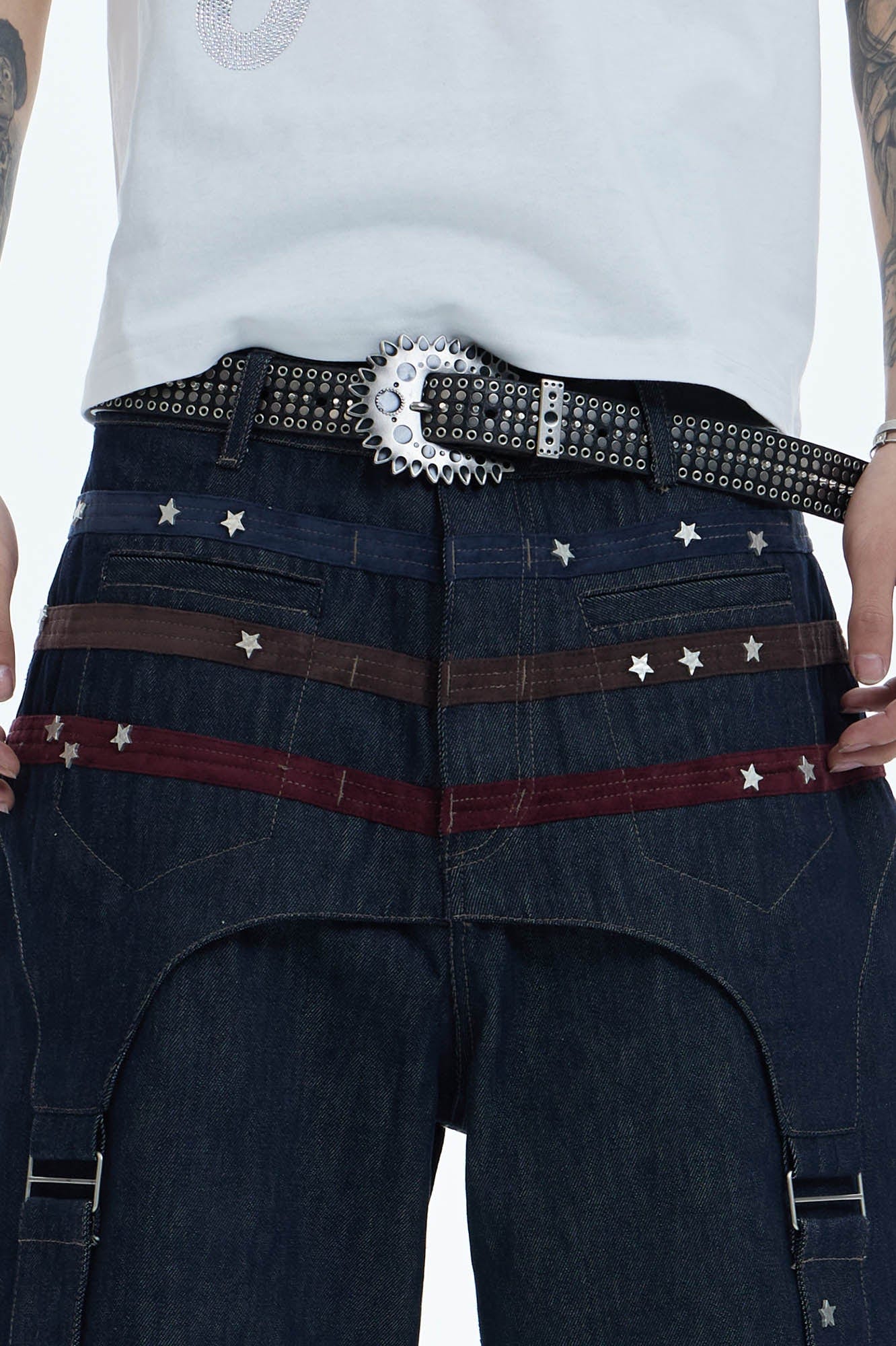 DND4DES Star-Rivet Harness-Layered Denim Shorts, premium urban and streetwear designers apparel on PROJECTISR.com, DND4DES
