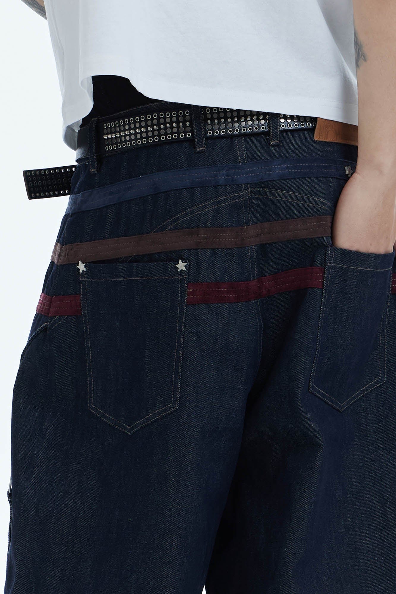 DND4DES Star-Rivet Harness-Layered Denim Shorts, premium urban and streetwear designers apparel on PROJECTISR.com, DND4DES