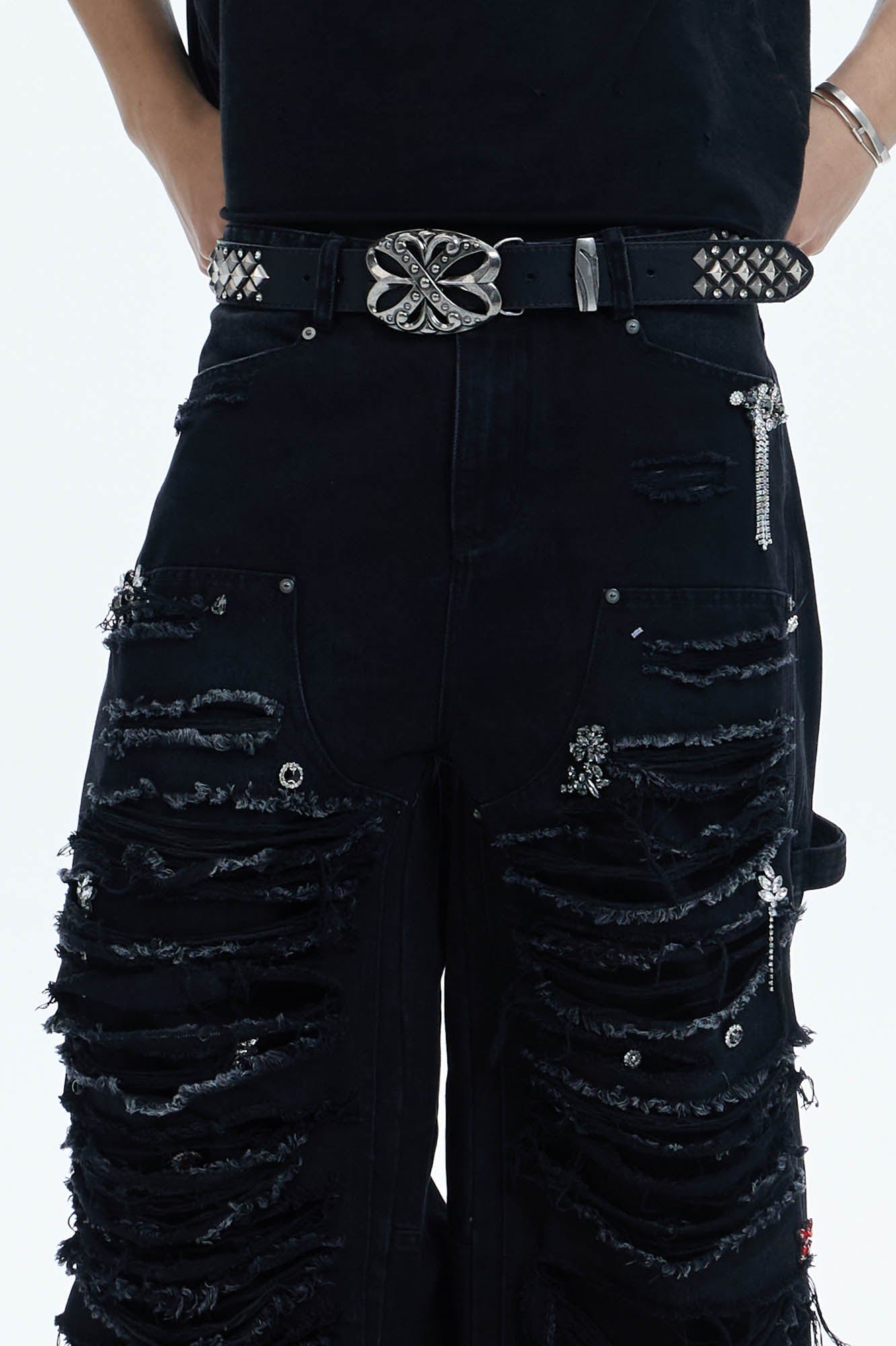 DND4DES Shredded Rivet-Paneled Baggy Jeans, premium urban and streetwear designers apparel on PROJECTISR.com, DND4DES