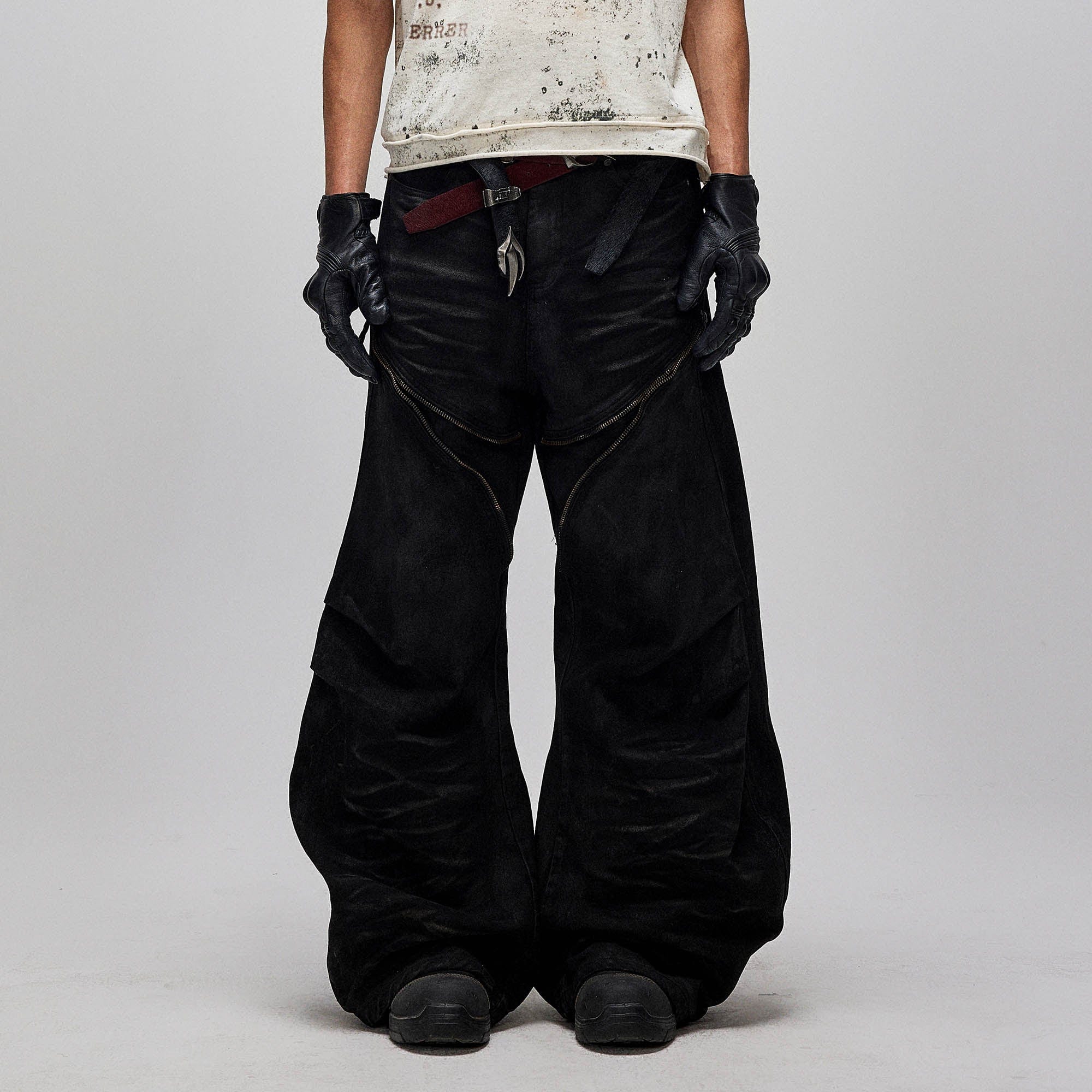 FLYERRER Distressed Waxed Zipper-Paneled Scimitar Pants, premium urban and streetwear designers apparel on PROJECTISR.com, FLYERRER