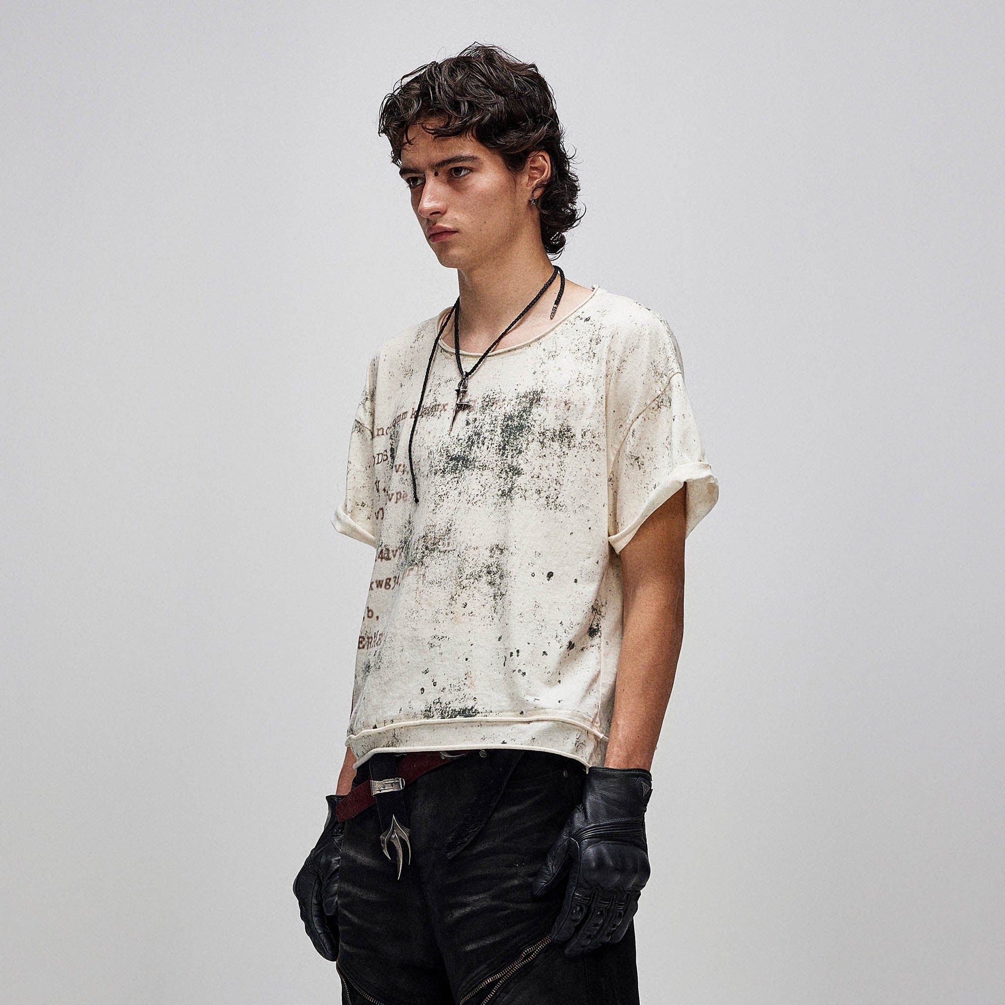 FLYERRER Grunge Brush-Stained Raw Hem T-Shirt, premium urban and streetwear designers apparel on PROJECTISR.com, FLYERRER