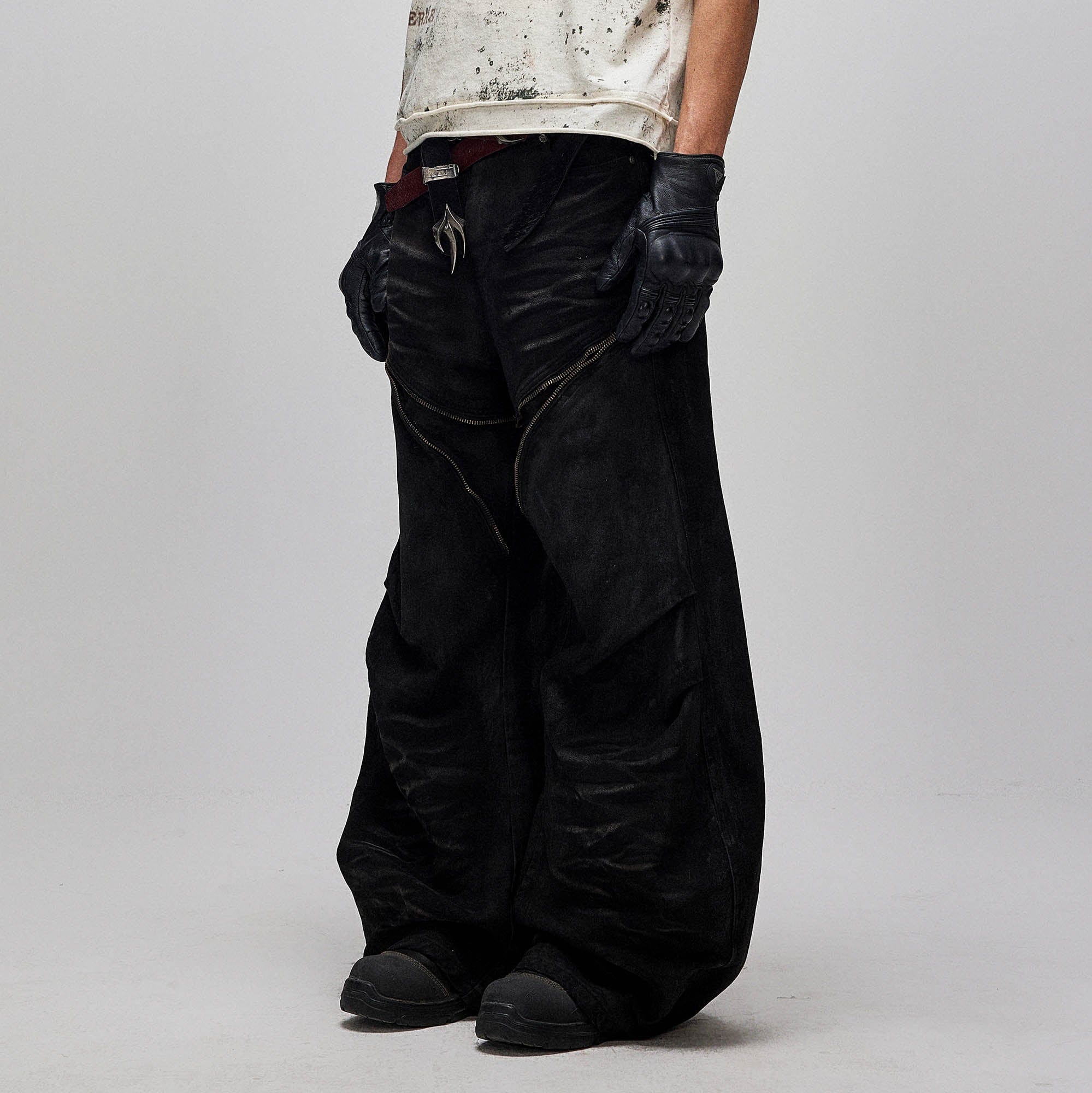 FLYERRER Distressed Waxed Zipper-Paneled Scimitar Pants, premium urban and streetwear designers apparel on PROJECTISR.com, FLYERRER