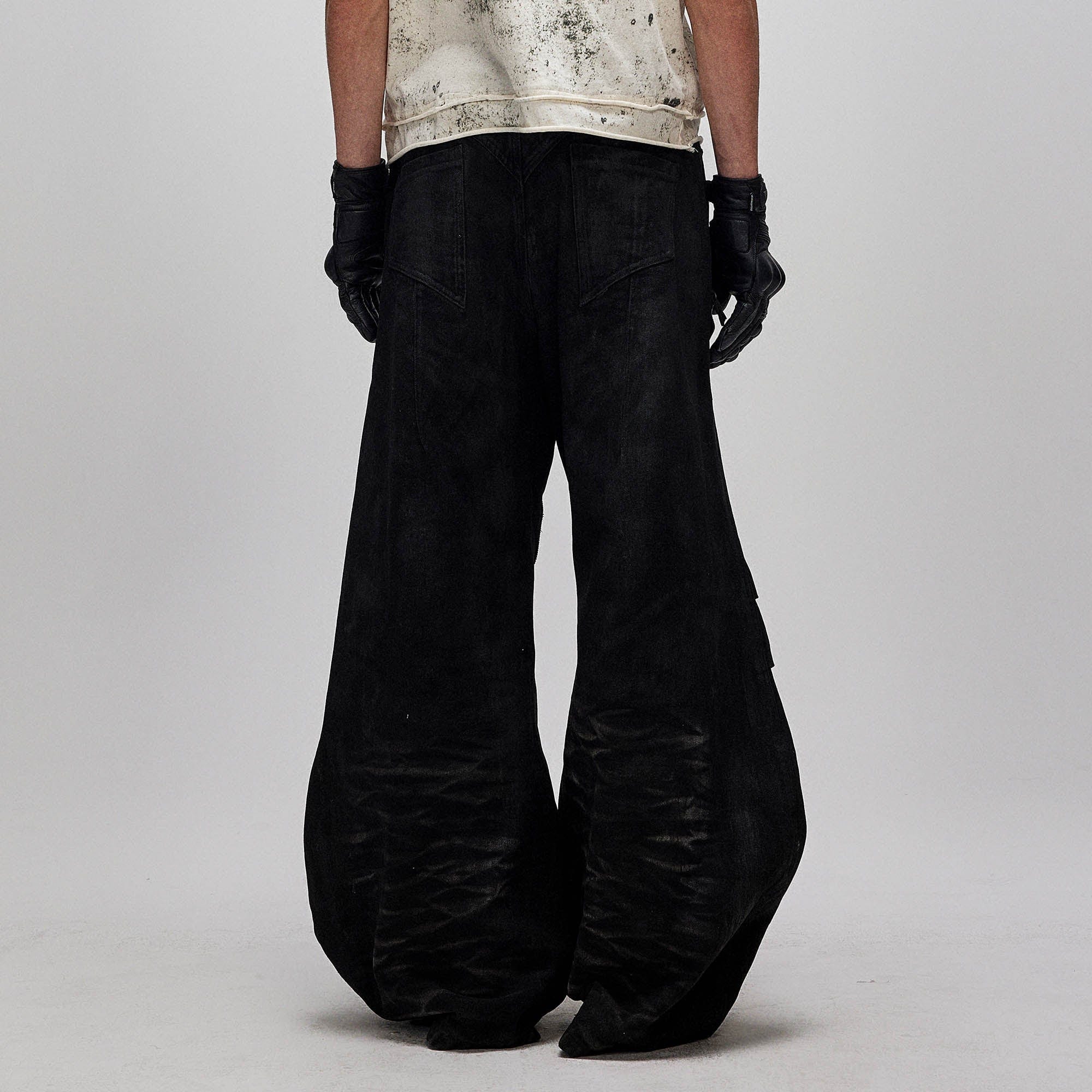 FLYERRER Distressed Waxed Zipper-Paneled Scimitar Pants, premium urban and streetwear designers apparel on PROJECTISR.com, FLYERRER