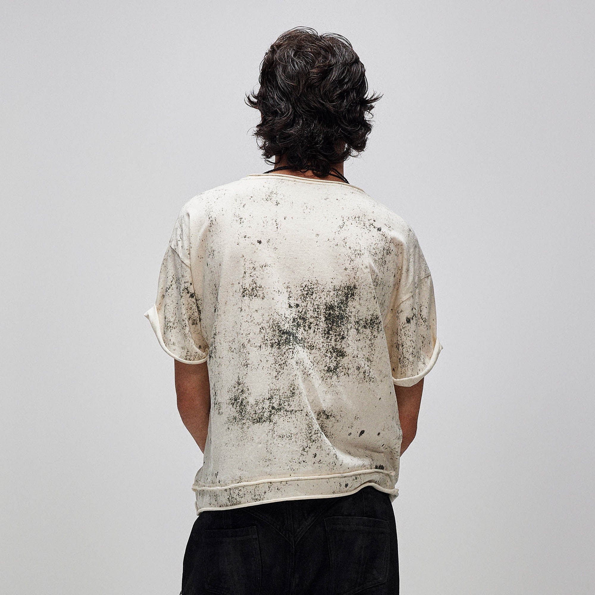 FLYERRER Grunge Brush-Stained Raw Hem T-Shirt, premium urban and streetwear designers apparel on PROJECTISR.com, FLYERRER