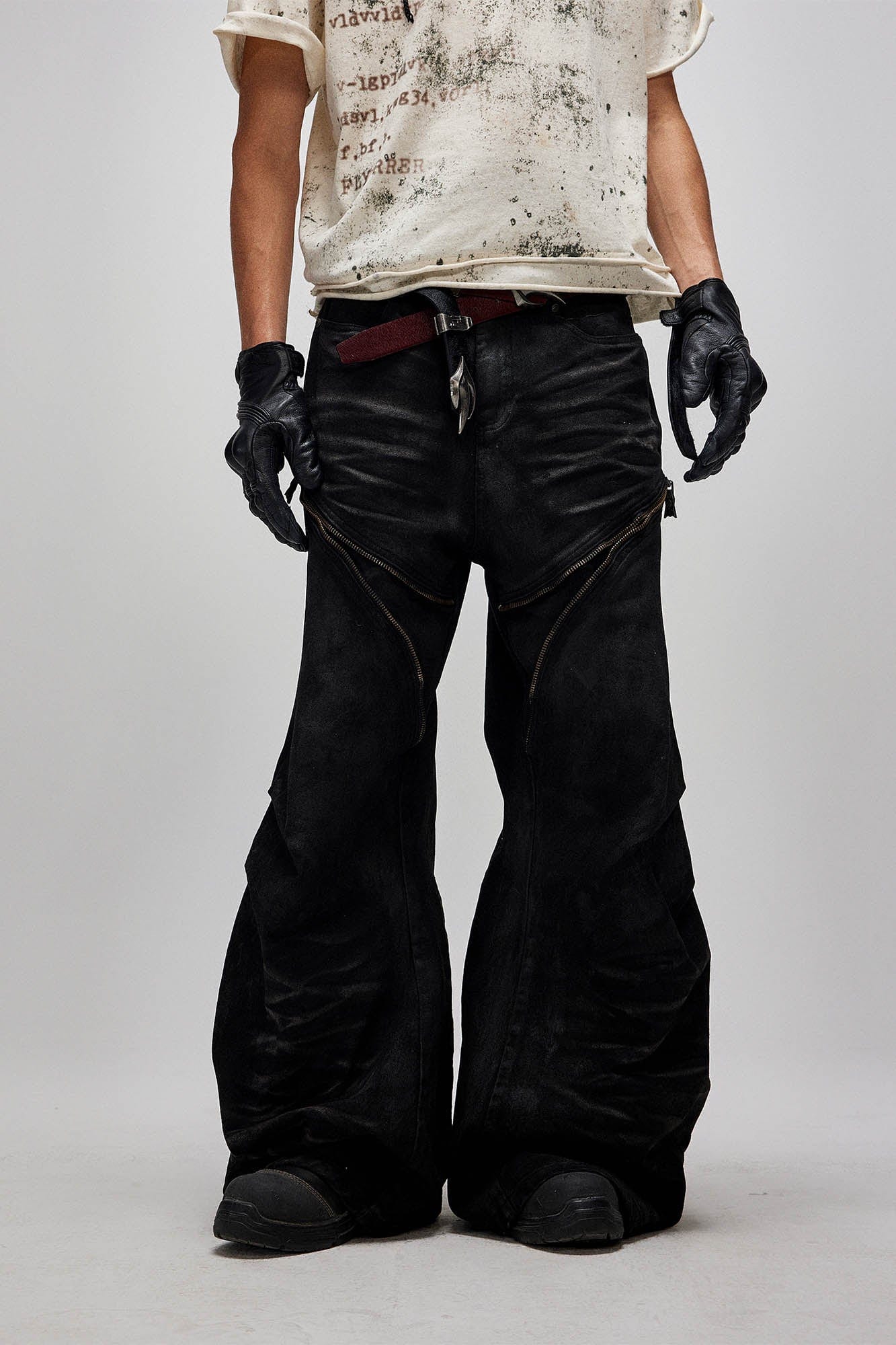 FLYERRER Distressed Waxed Zipper-Paneled Scimitar Pants, premium urban and streetwear designers apparel on PROJECTISR.com, FLYERRER