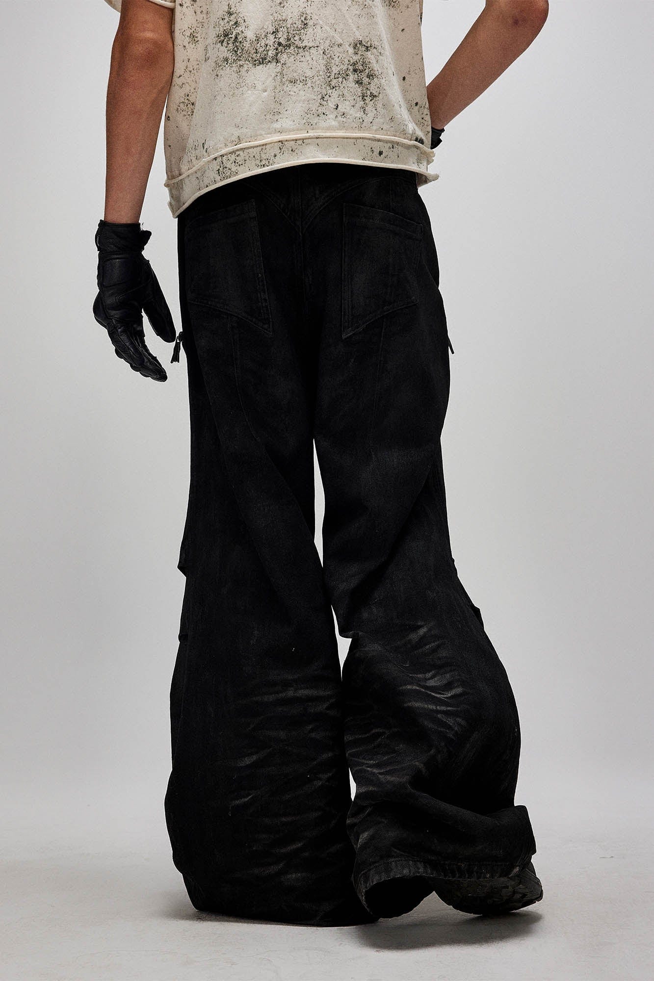 FLYERRER Distressed Waxed Zipper-Paneled Scimitar Pants, premium urban and streetwear designers apparel on PROJECTISR.com, FLYERRER