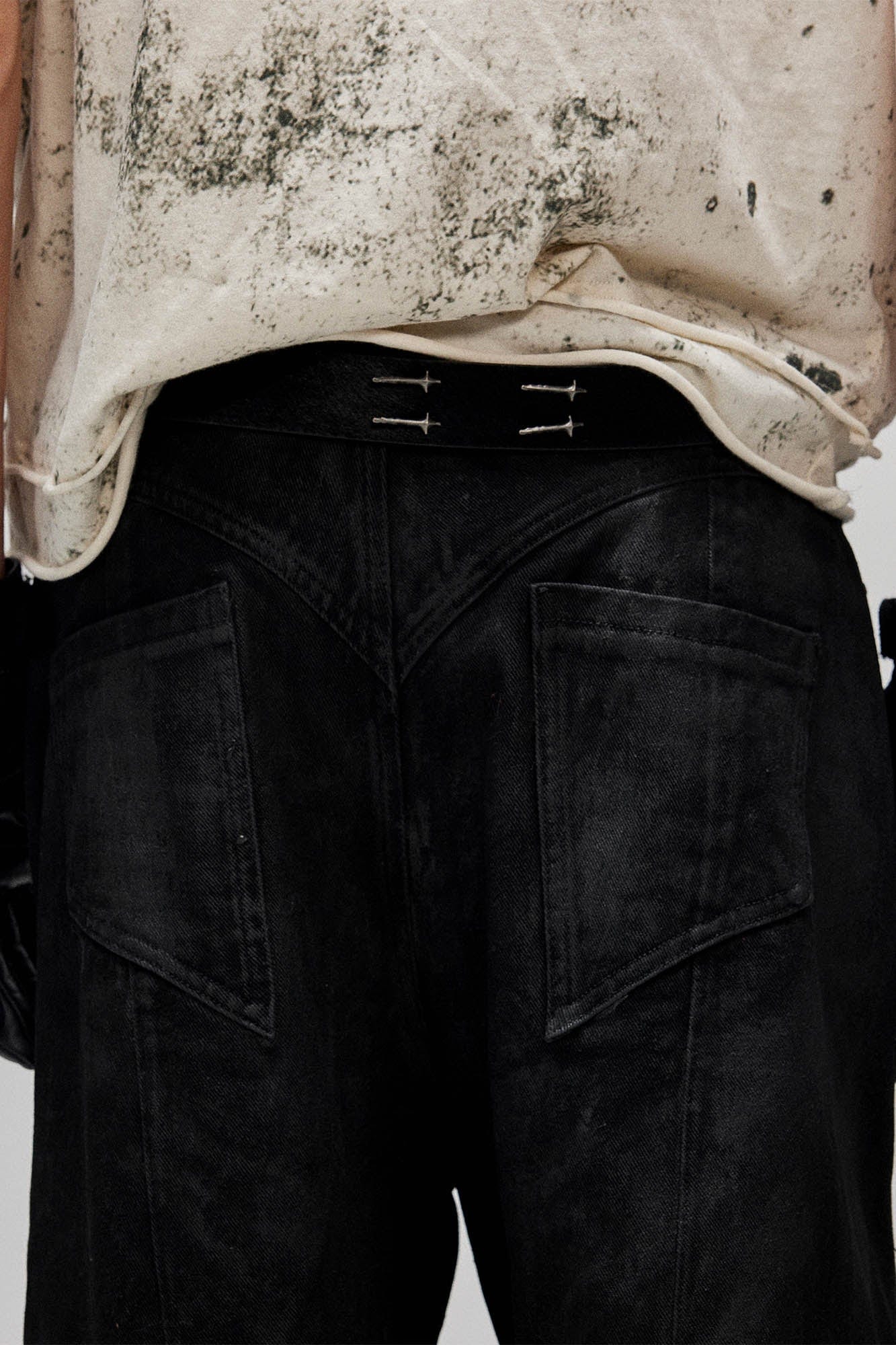 FLYERRER Distressed Waxed Zipper-Paneled Scimitar Pants, premium urban and streetwear designers apparel on PROJECTISR.com, FLYERRER