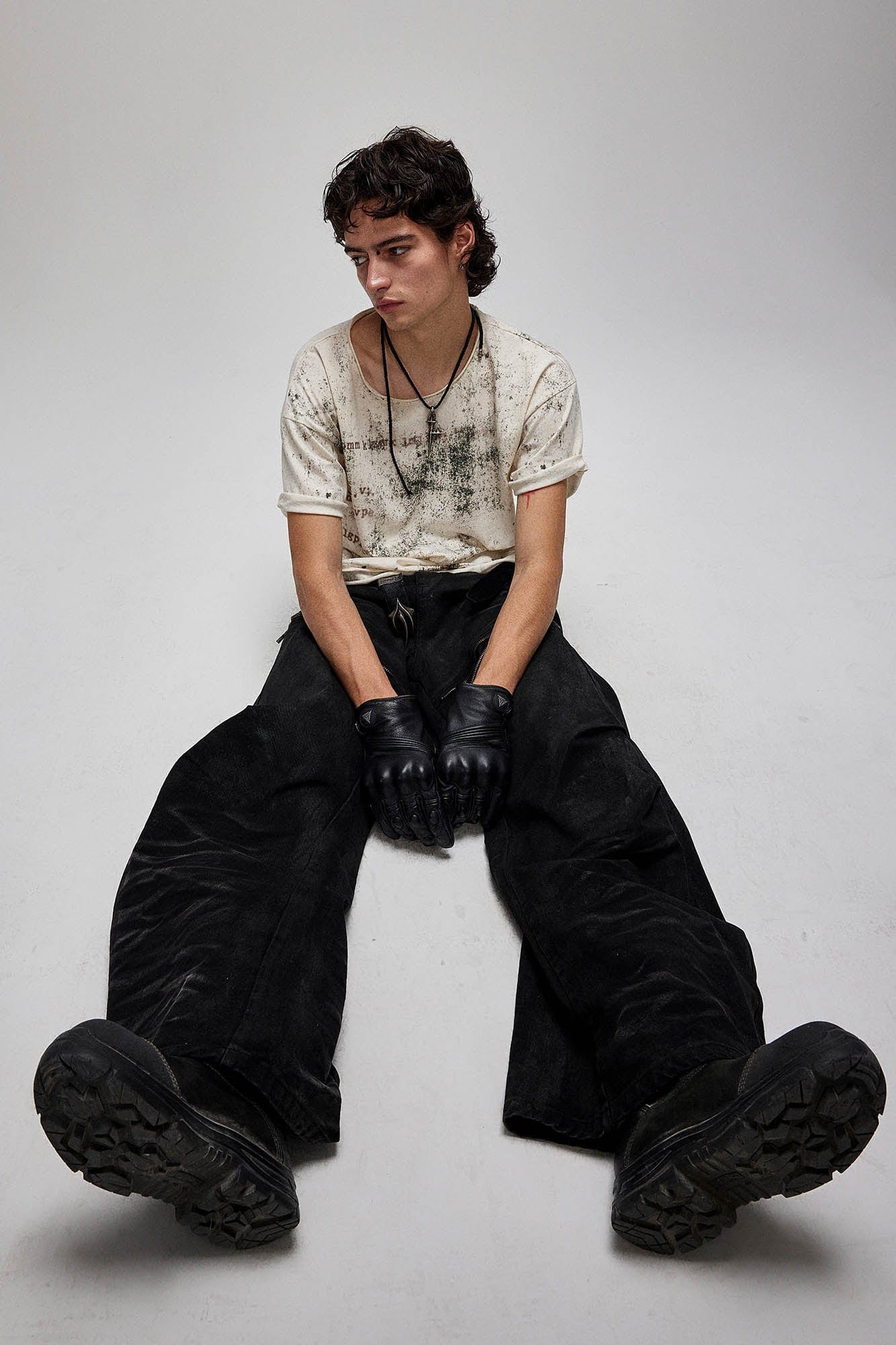 FLYERRER Distressed Waxed Zipper-Paneled Scimitar Pants, premium urban and streetwear designers apparel on PROJECTISR.com, FLYERRER