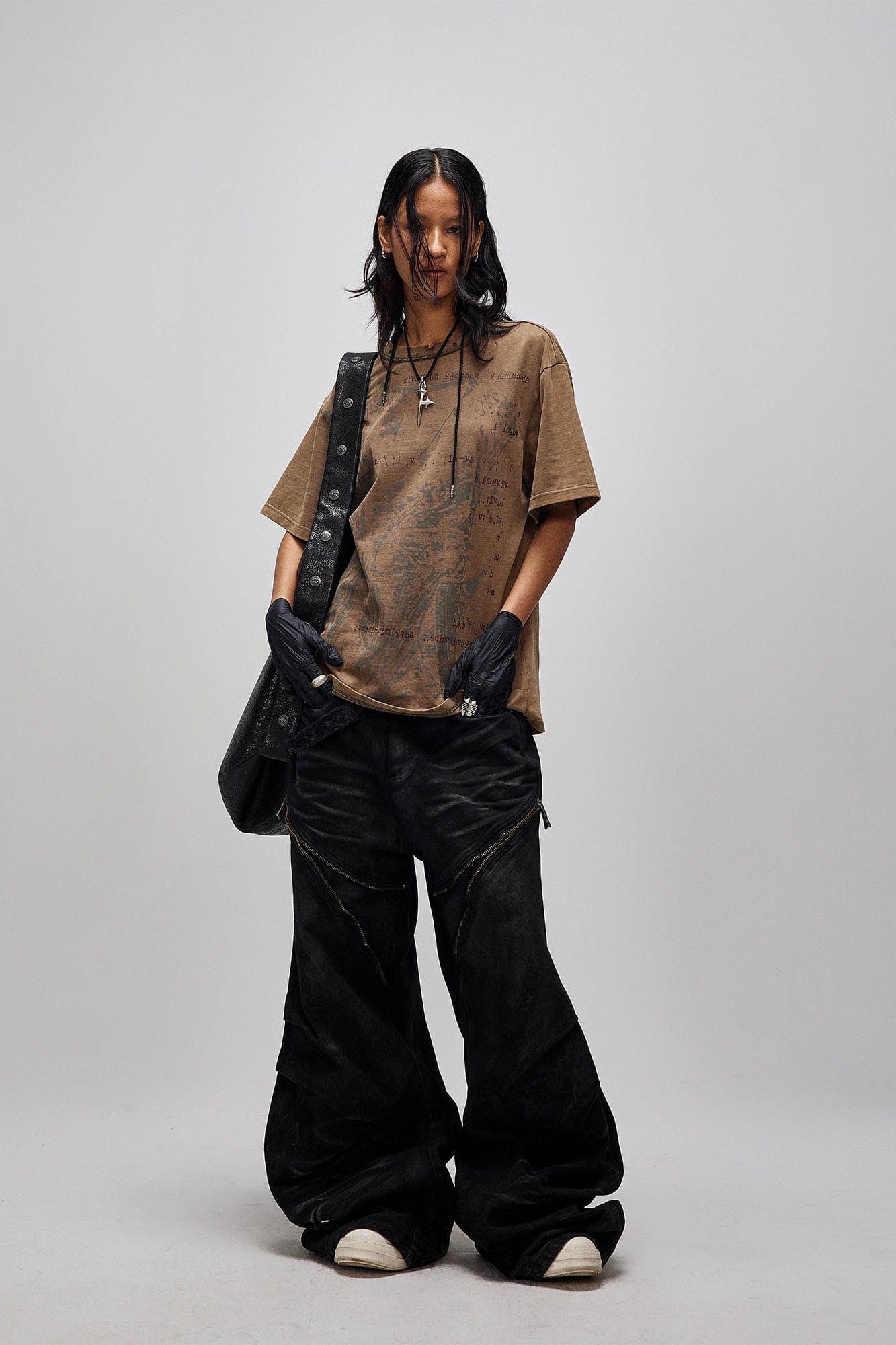 FLYERRER Distressed Waxed Zipper-Paneled Scimitar Pants, premium urban and streetwear designers apparel on PROJECTISR.com, FLYERRER