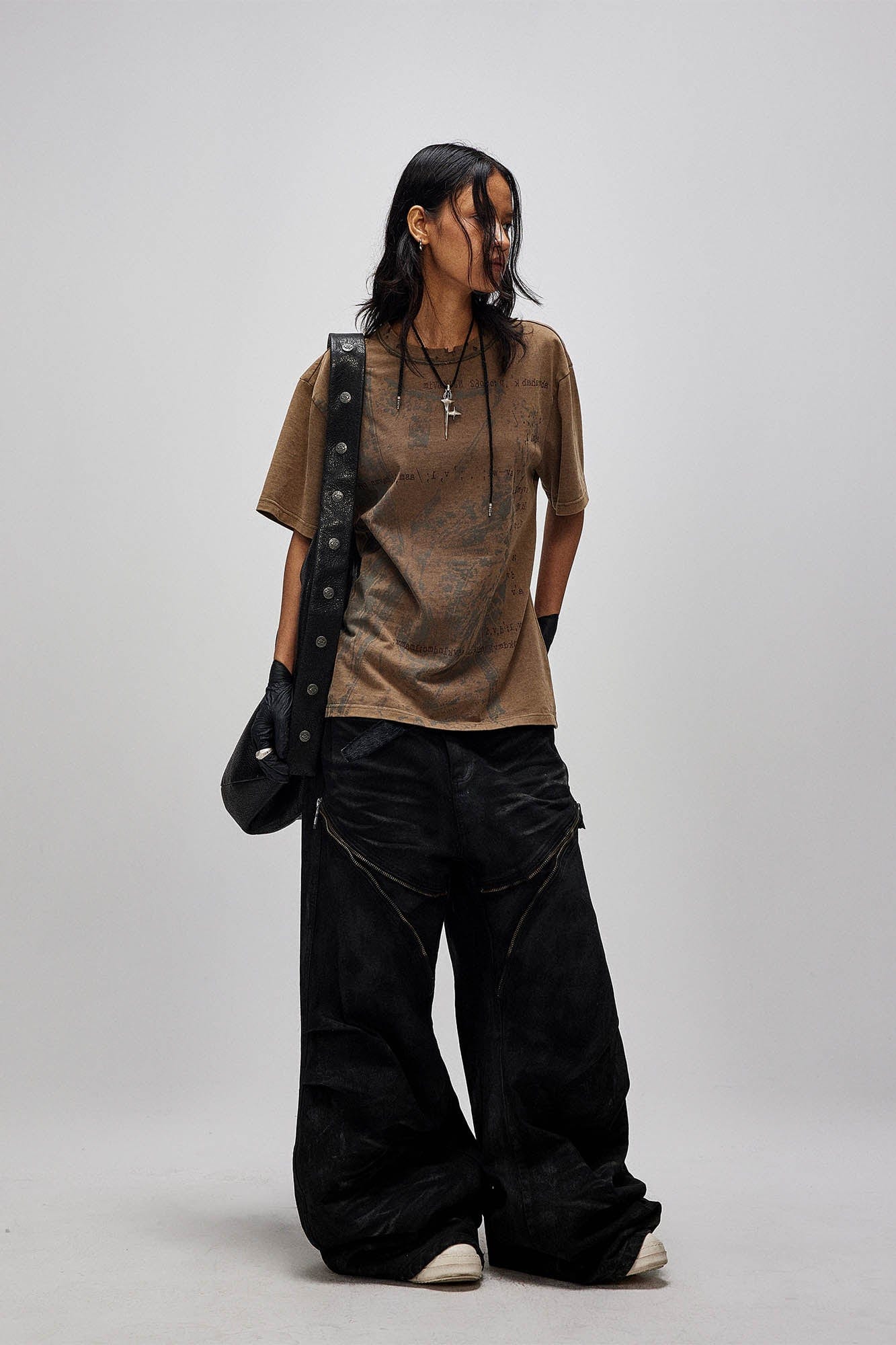 FLYERRER Distressed Waxed Zipper-Paneled Scimitar Pants, premium urban and streetwear designers apparel on PROJECTISR.com, FLYERRER