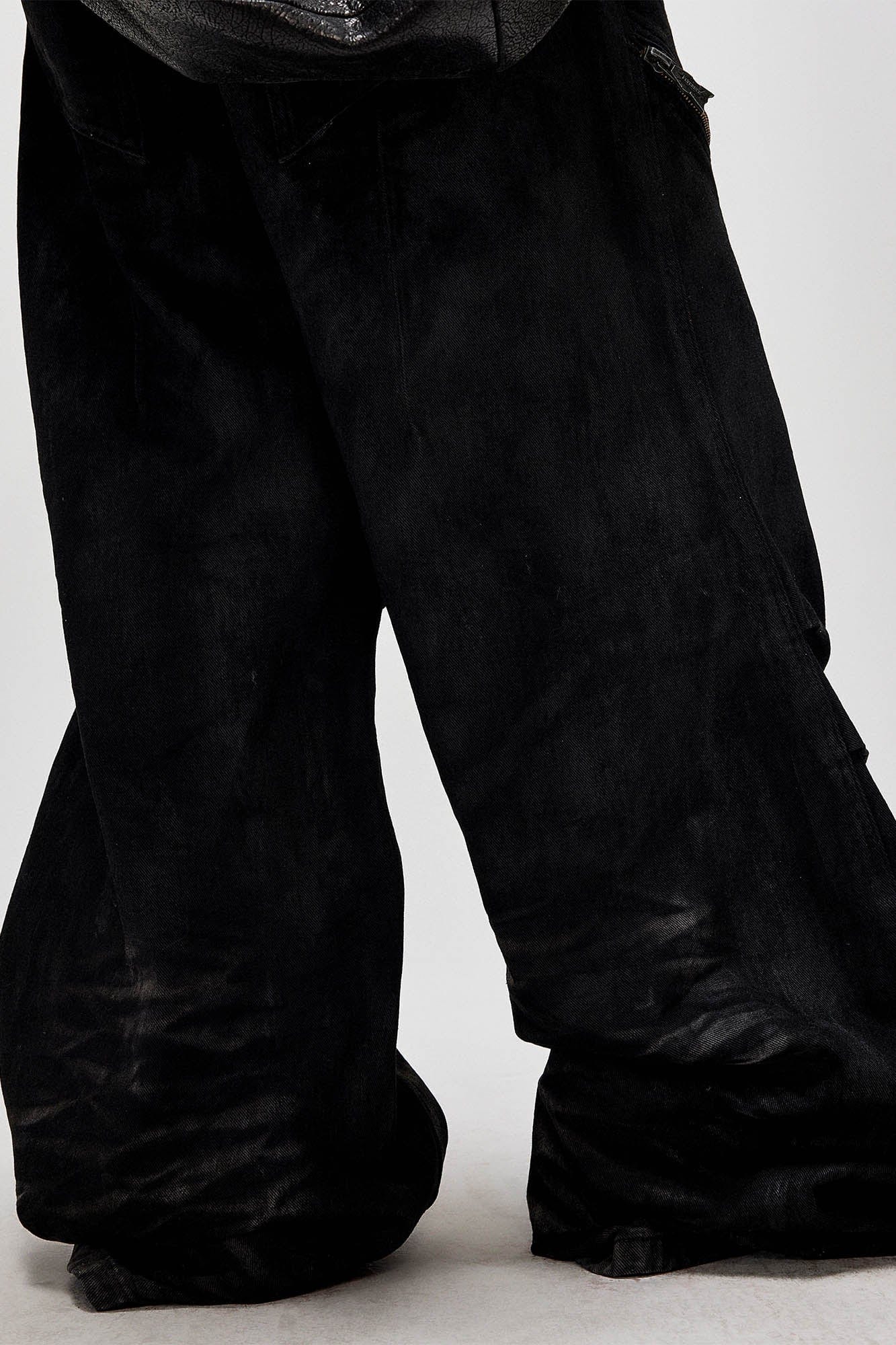 FLYERRER Distressed Waxed Zipper-Paneled Scimitar Pants, premium urban and streetwear designers apparel on PROJECTISR.com, FLYERRER