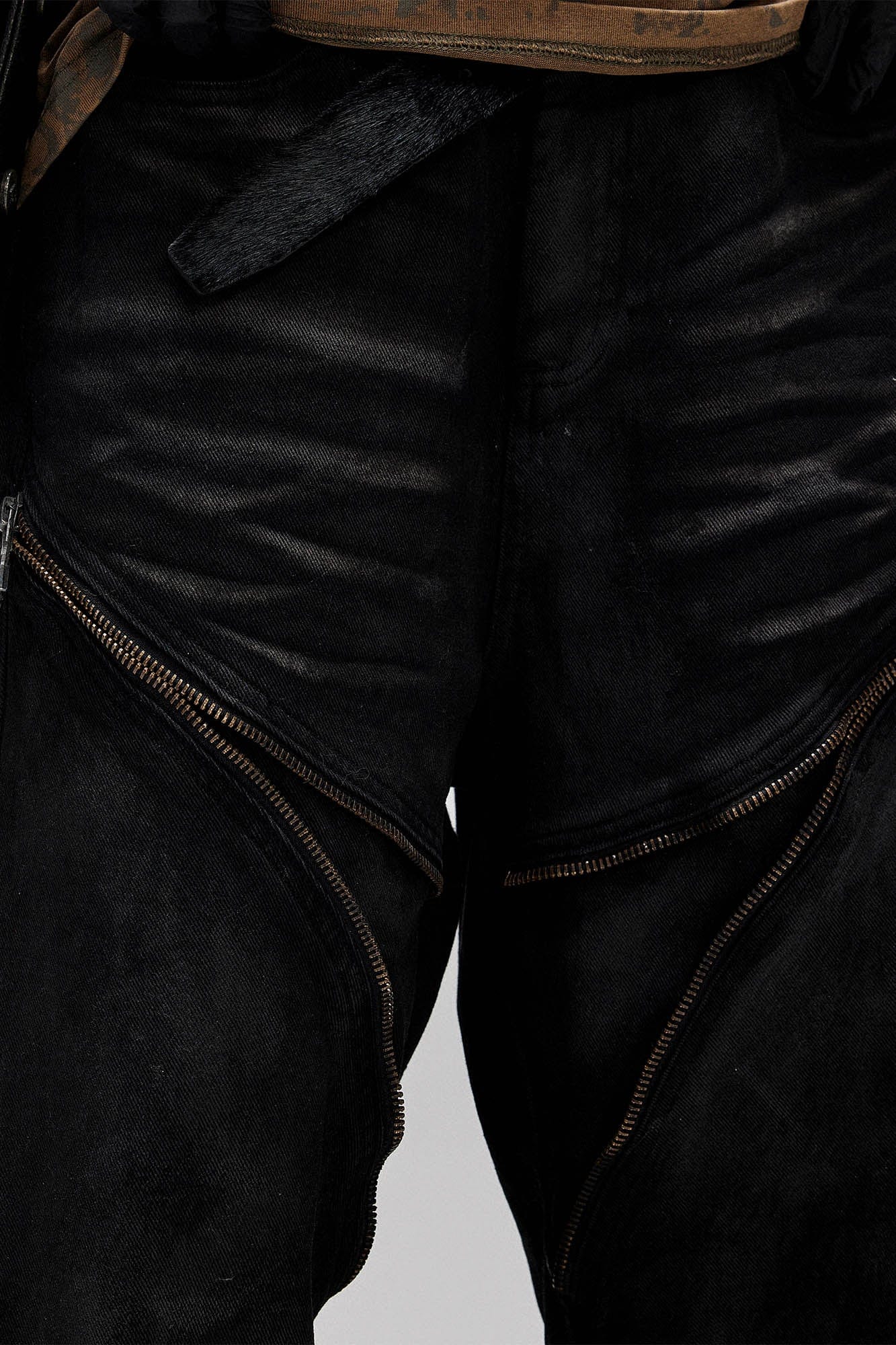 FLYERRER Distressed Waxed Zipper-Paneled Scimitar Pants, premium urban and streetwear designers apparel on PROJECTISR.com, FLYERRER